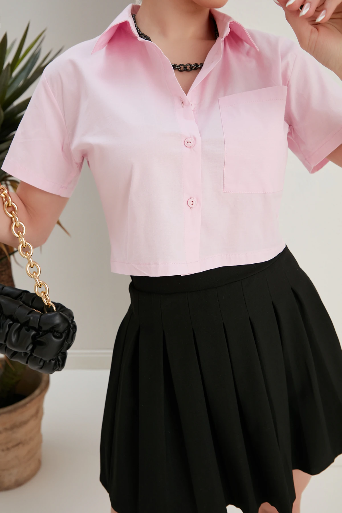 CEPLİ CROP GÖMLEK - Beyaz