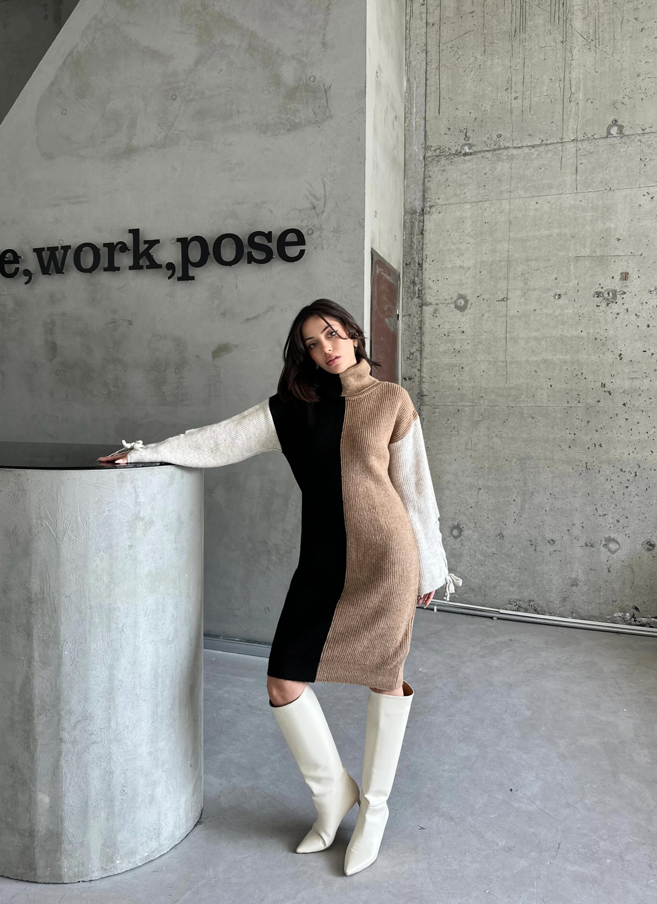 ÇİFT RENK ŞARDONLU ELBİSE - Siyah