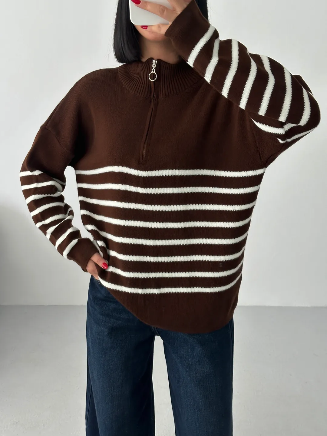 ÇİZGİLİ PİKE FERMUARLI KAZAK - Kahve