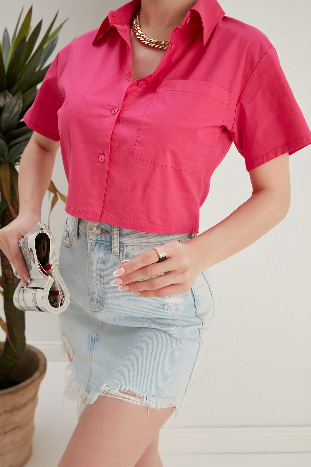 CEPLİ CROP GÖMLEK - Pembe