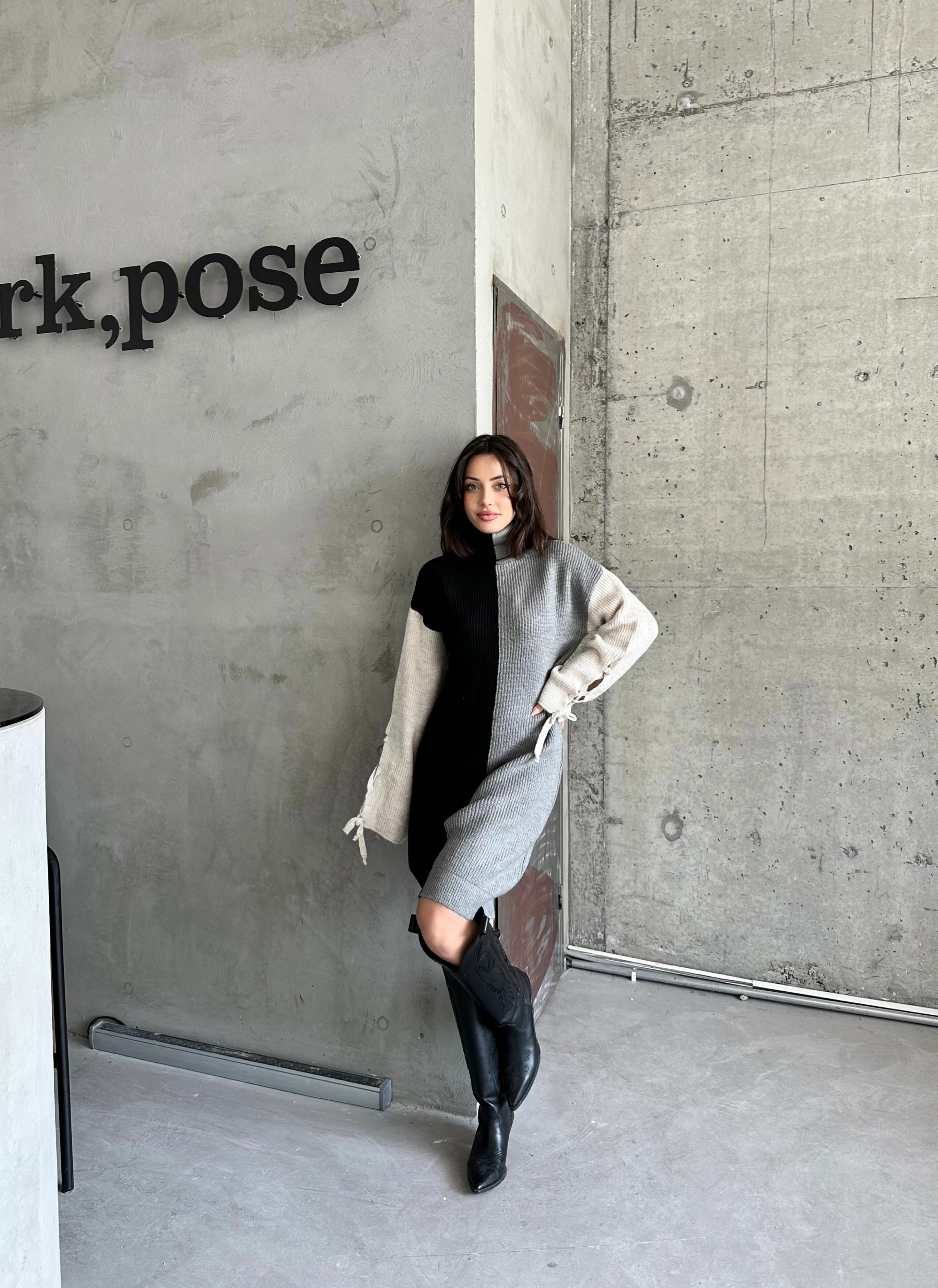 ÇİFT RENK ŞARDONLU ELBİSE - Gri