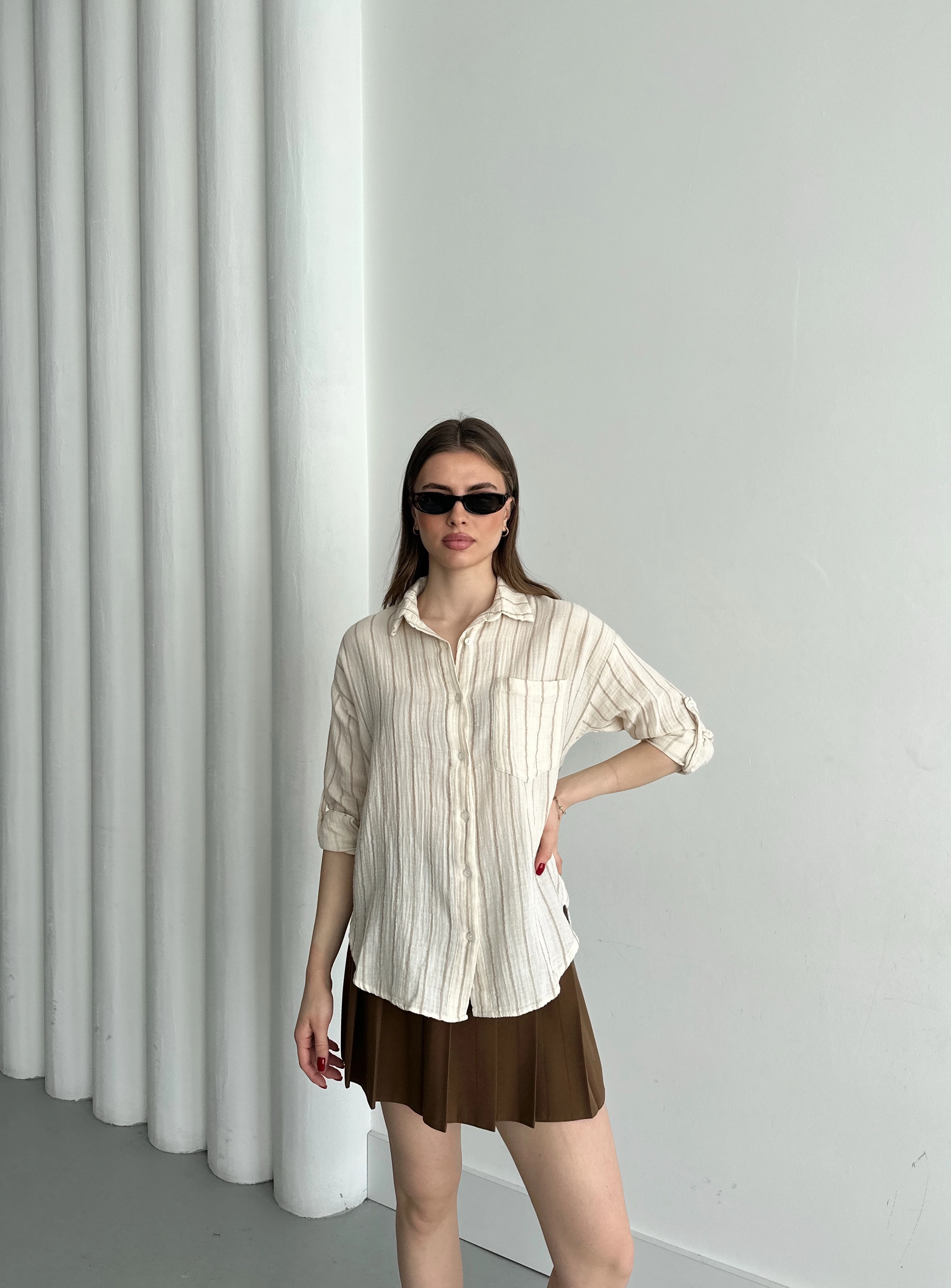 MÜSLİN KUMAŞ ÇİFT ÇİZGİLİ GÖMLEK