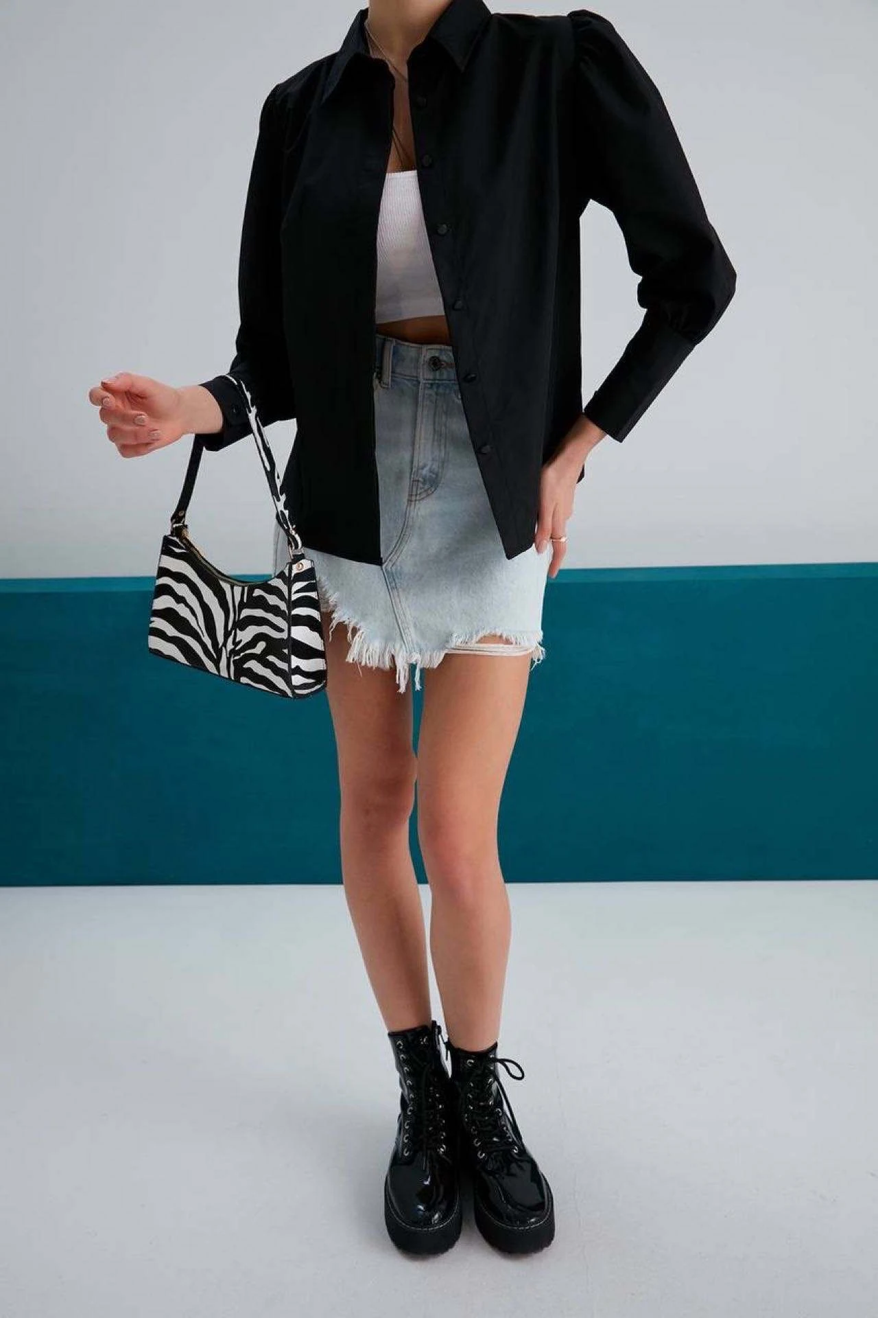 BÜZGÜLÜ DAKRON GÖMLEK - Siyah