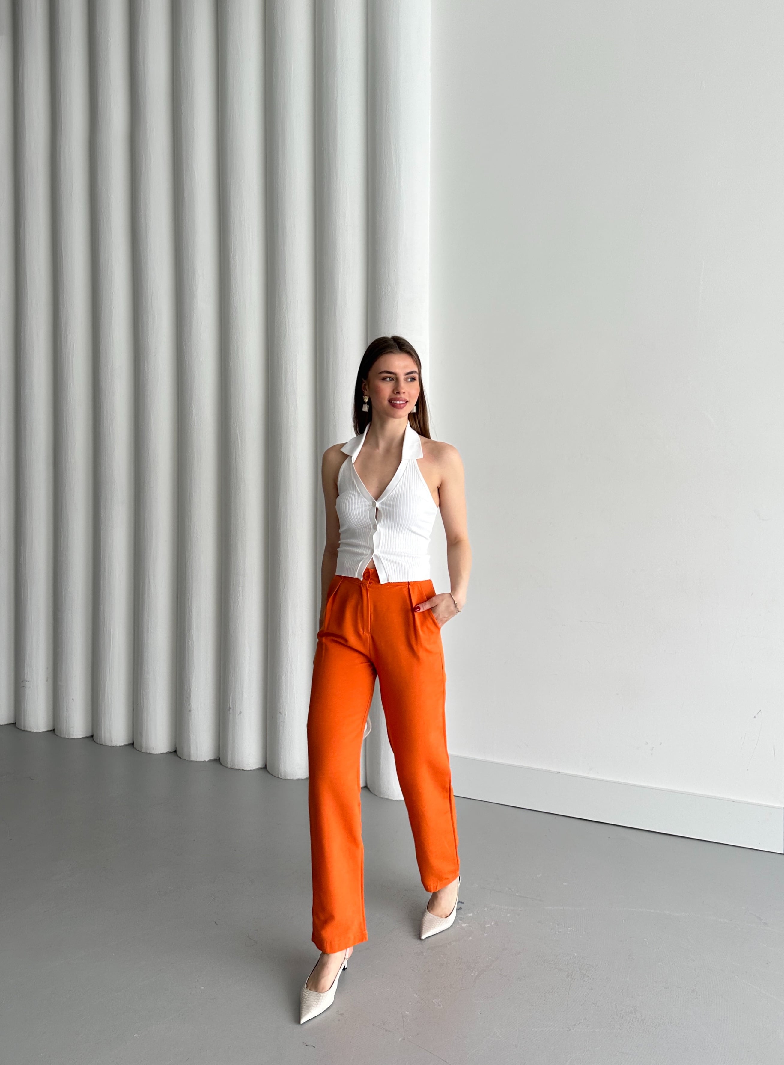 FERMUARLI KETEN PANTOLON - Orange