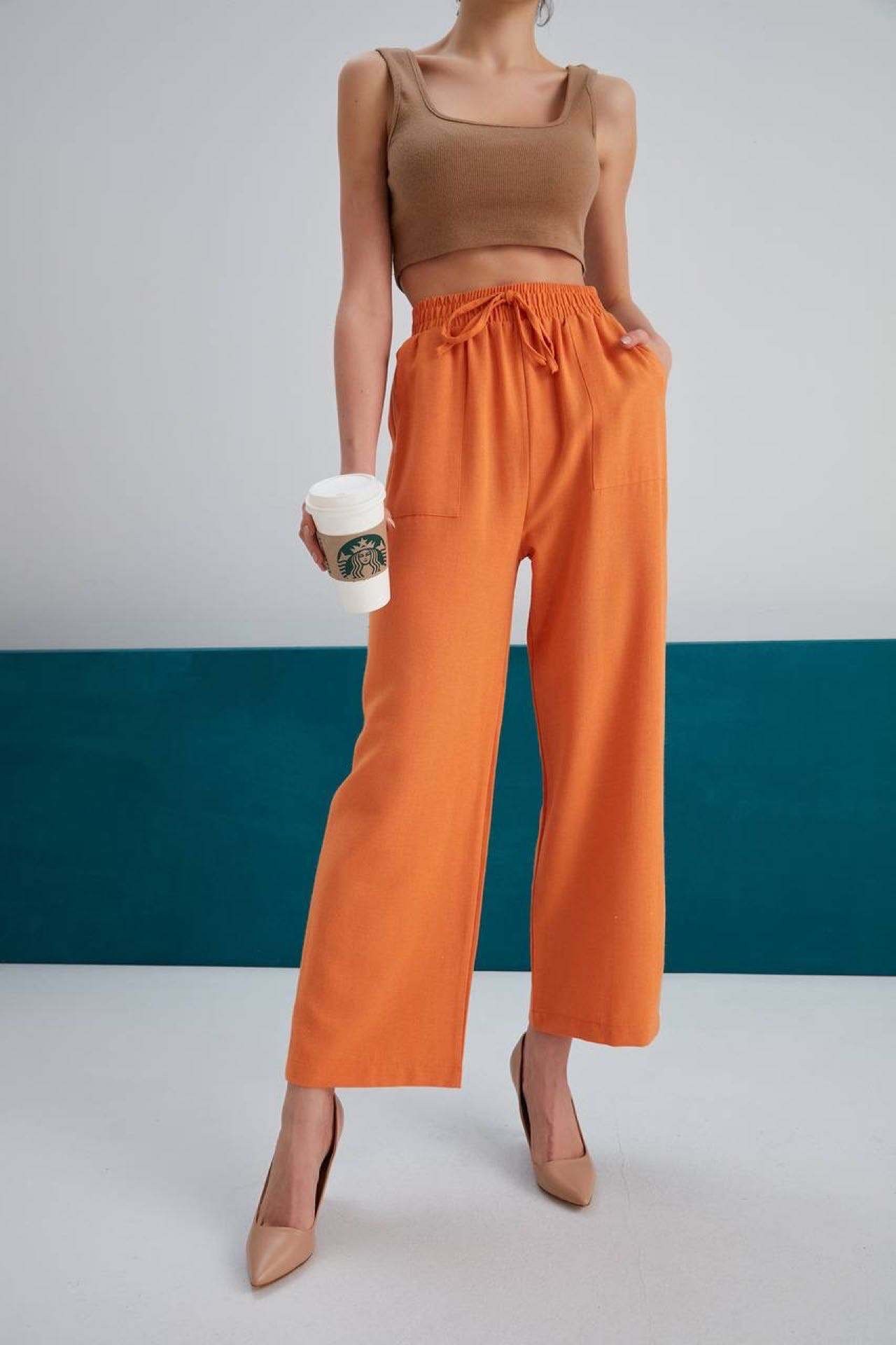 KETEN İPLİ PANTOLON - Orange