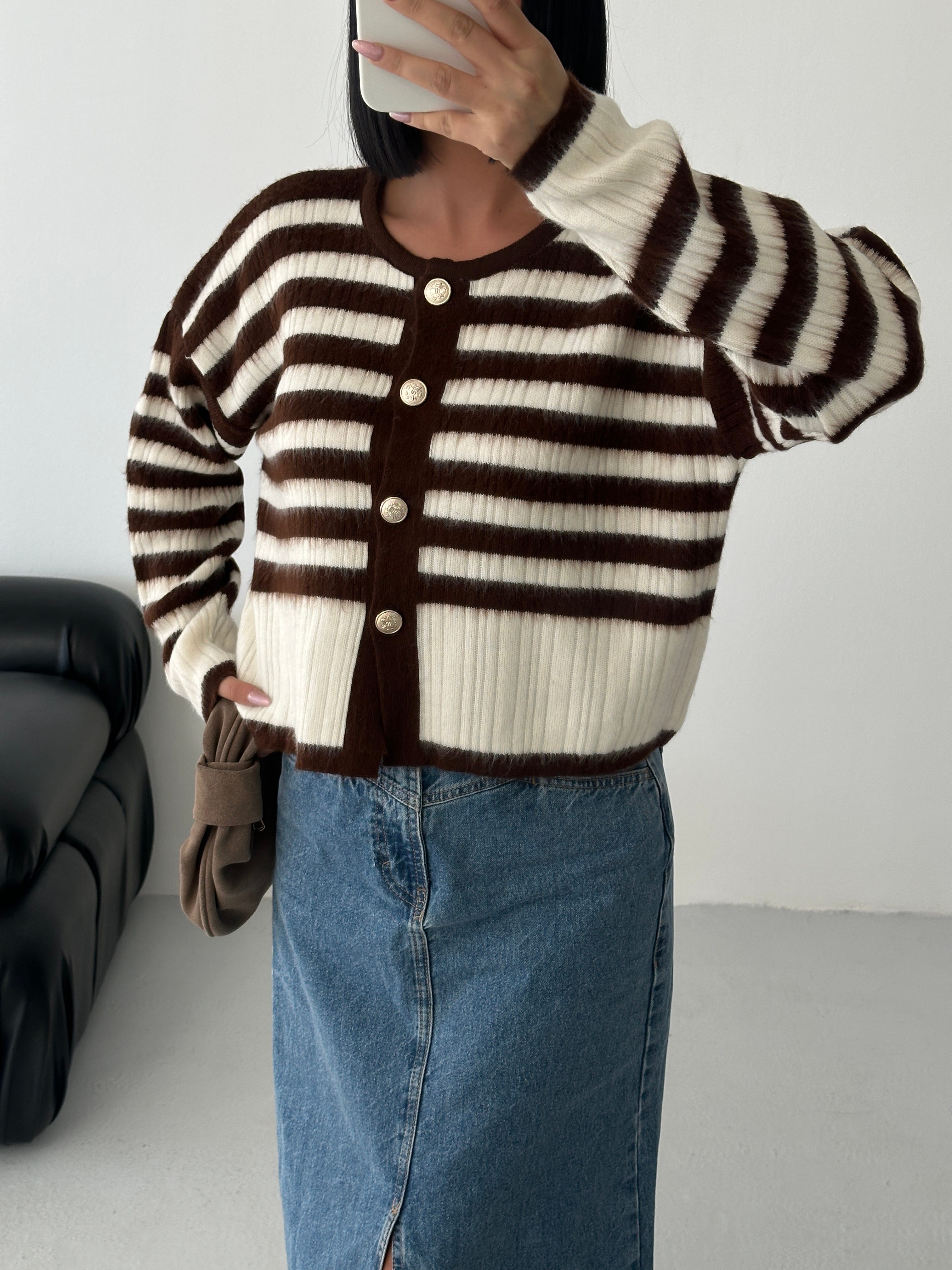 ÇİZGİLİ ŞARDONLU HIRKA - Kahve