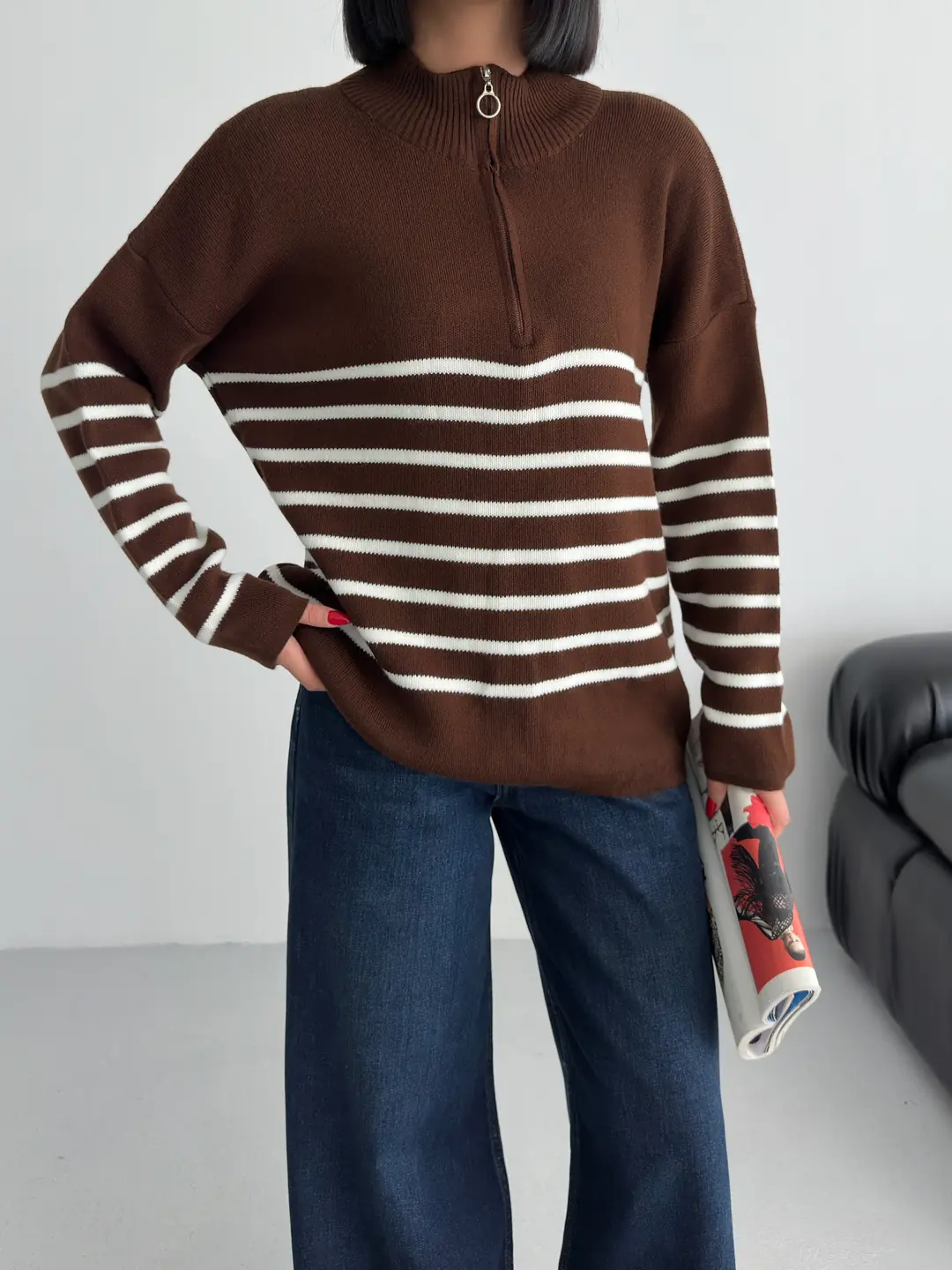 ÇİZGİLİ PİKE FERMUARLI KAZAK - Kahve