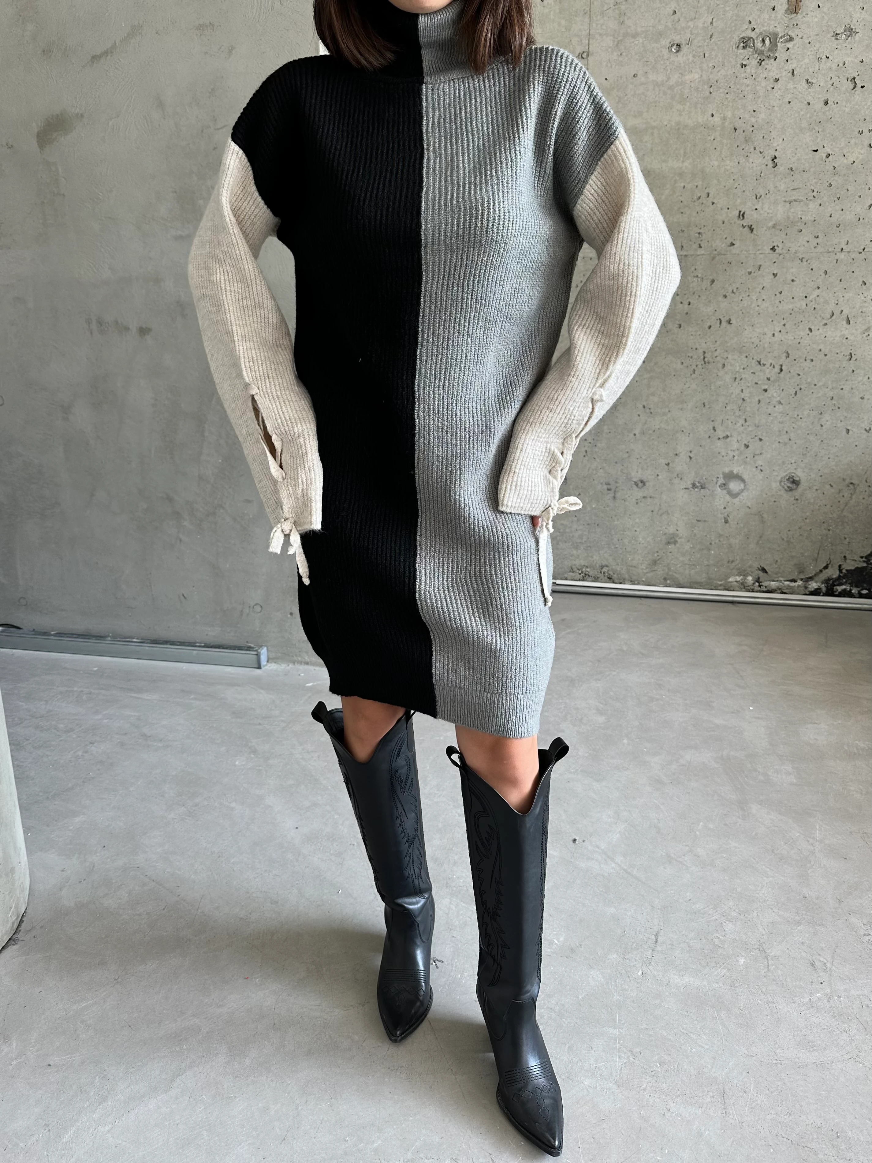 ÇİFT RENK ŞARDONLU ELBİSE - Gri