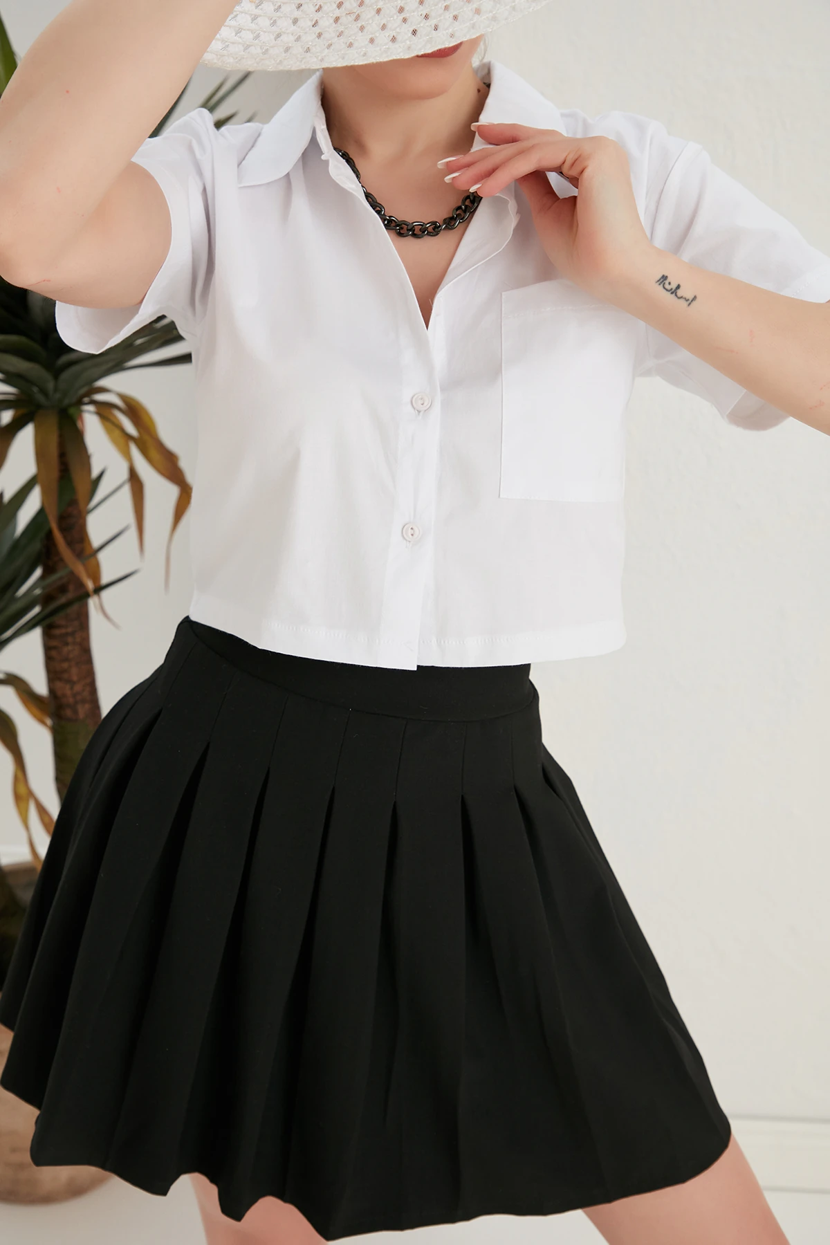 CEPLİ CROP GÖMLEK - Beyaz