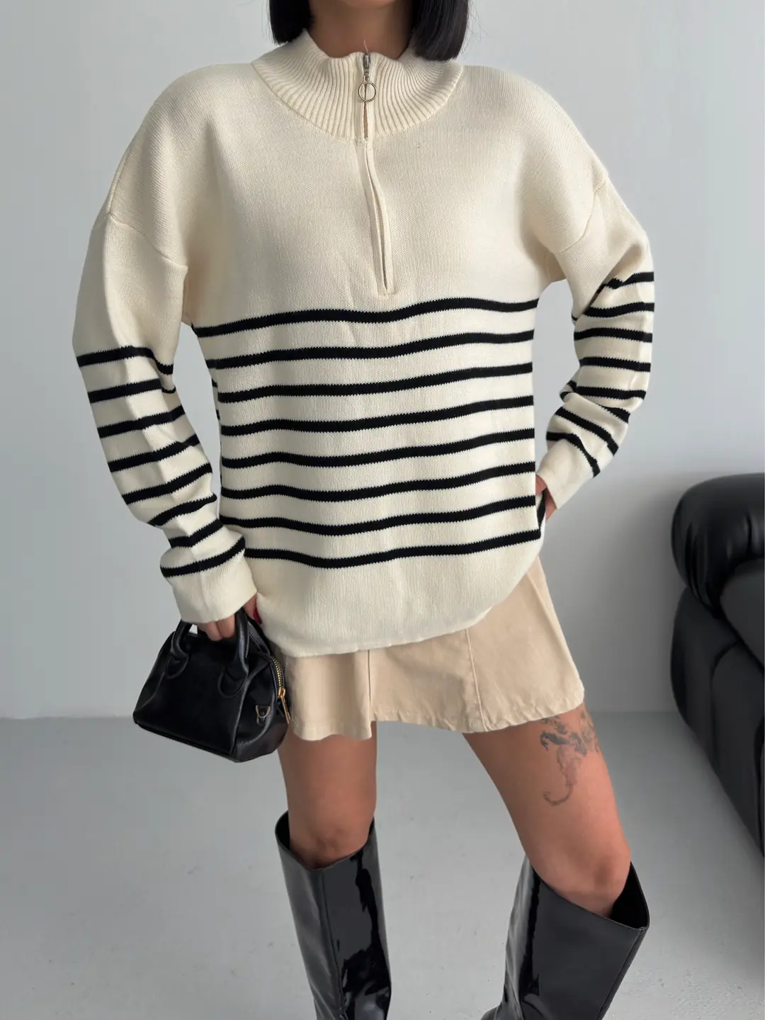 ÇİZGİLİ PİKE FERMUARLI KAZAK - Ten