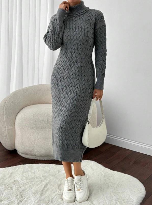 SAÇ ÖRGÜLÜ TRİKO ELBİSE - Gri