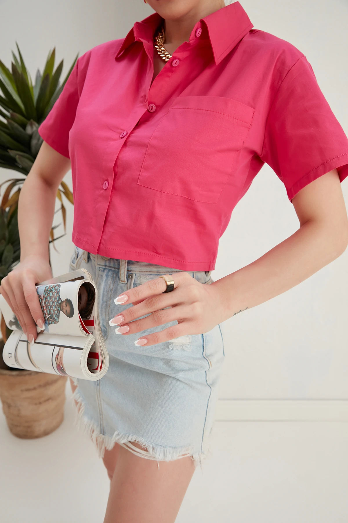 CEPLİ CROP GÖMLEK - Pembe