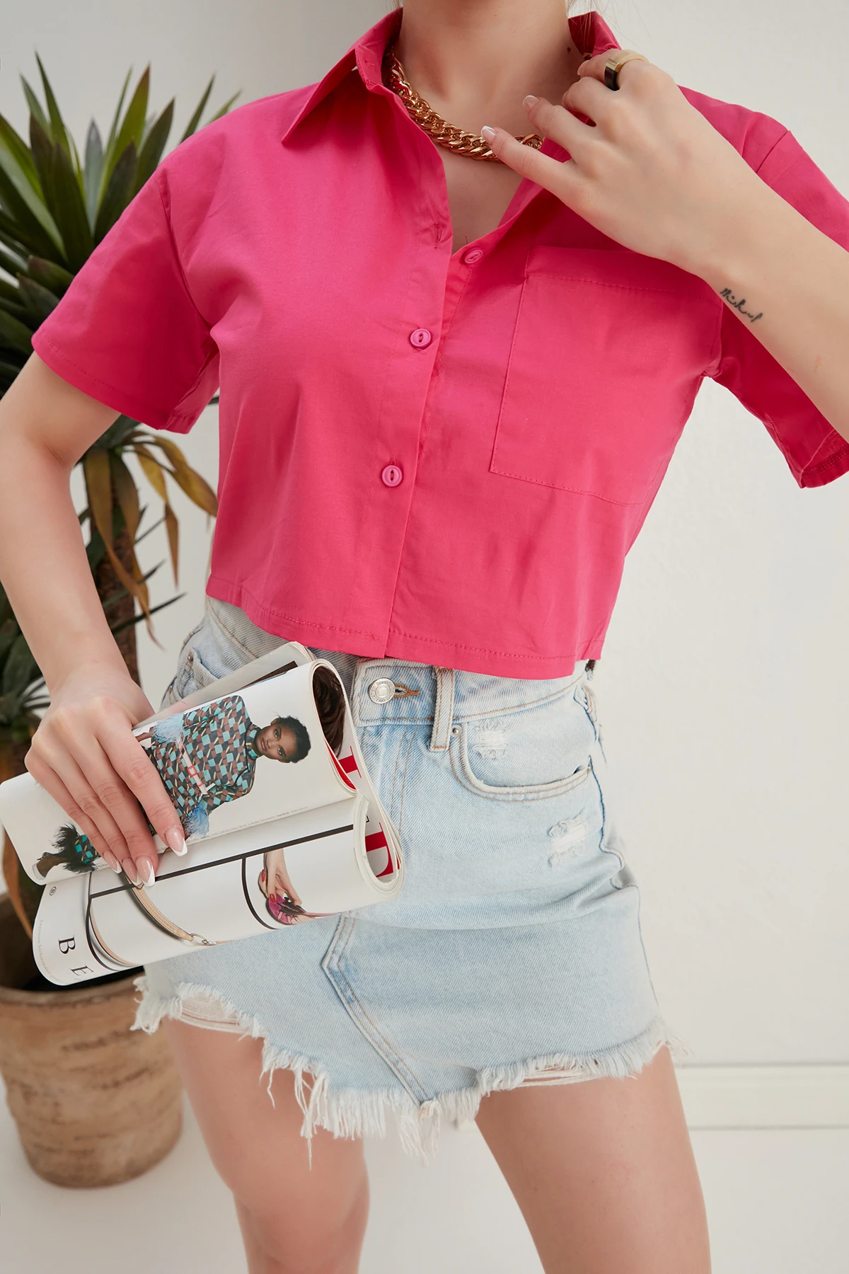 CEPLİ CROP GÖMLEK - Pembe