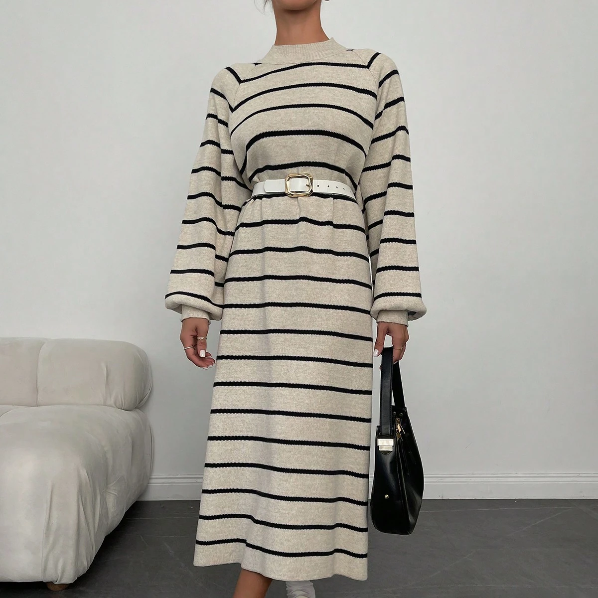 ÇİZGİLİ PİKE ELBİSE - Taş