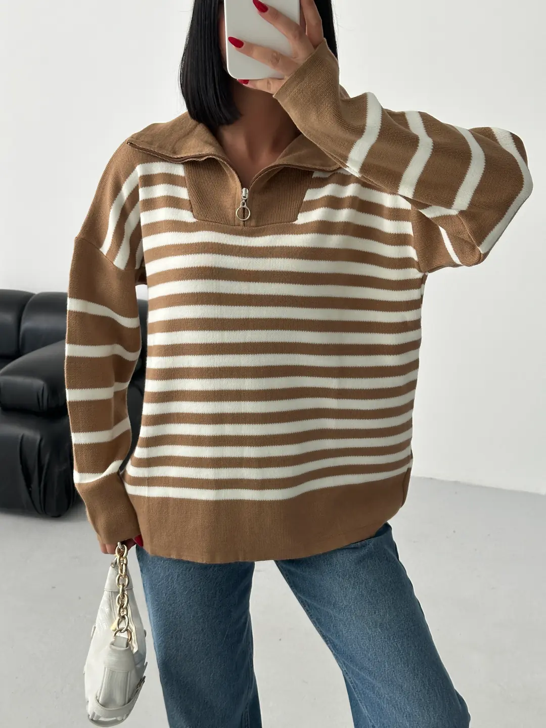 HİLTON YAKALI FERMUARLI KAZAK - Karamel