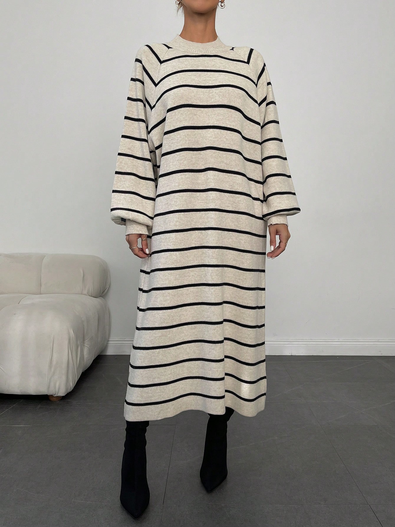 ÇİZGİLİ PİKE ELBİSE - Taş