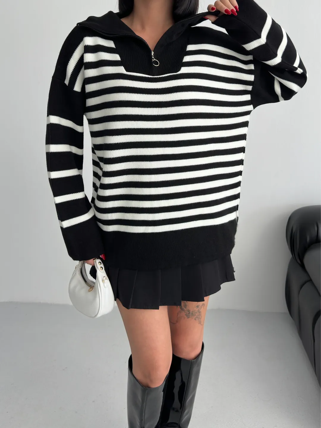 HİLTON YAKALI FERMUARLI KAZAK - Siyah