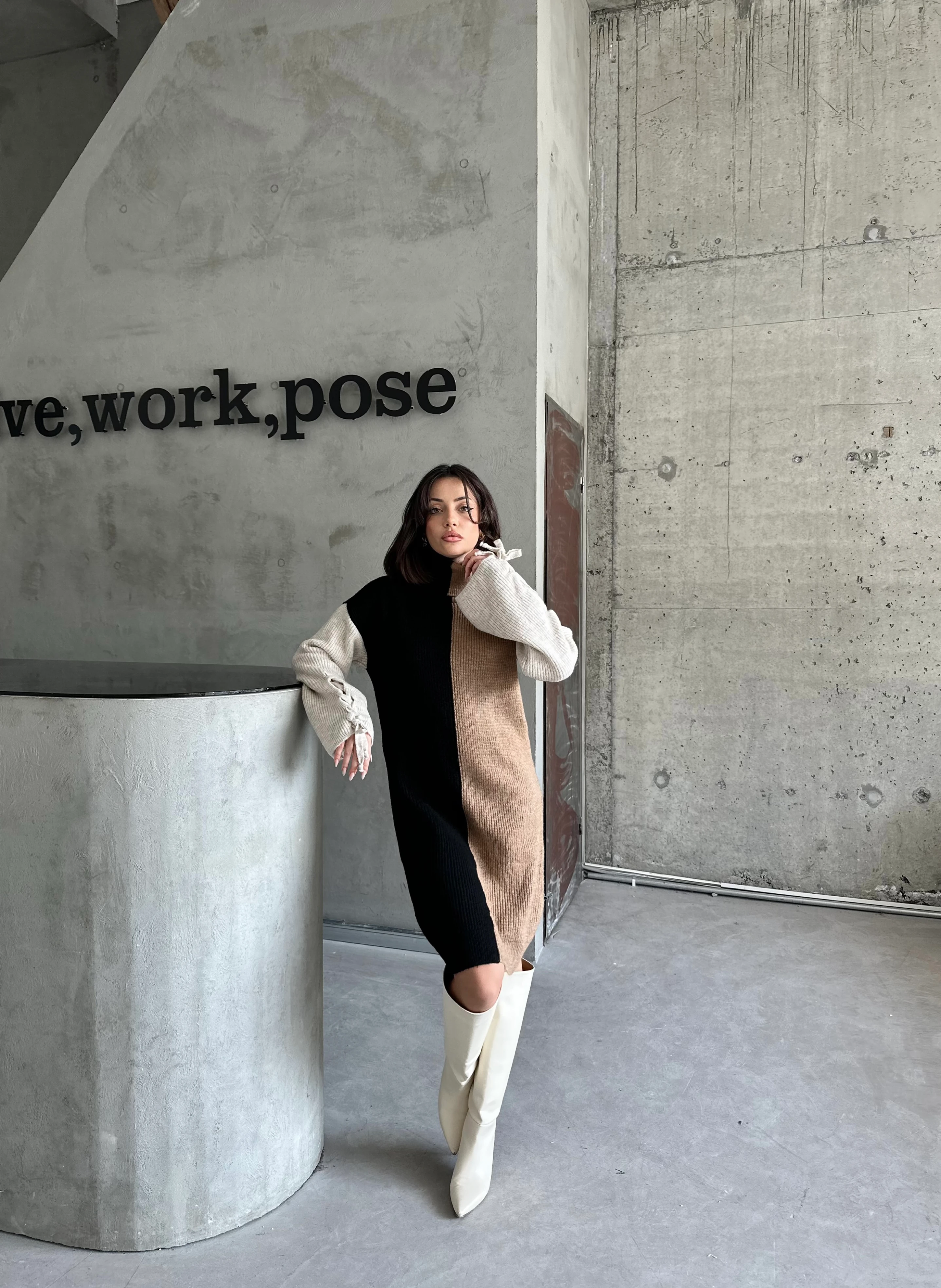 ÇİFT RENK ŞARDONLU ELBİSE - Siyah