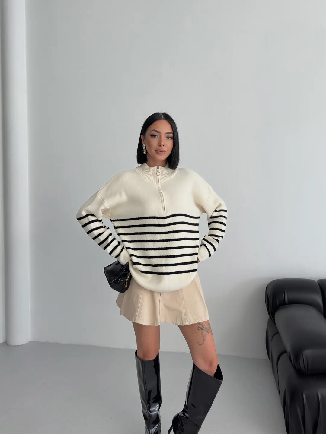 ÇİZGİLİ PİKE FERMUARLI KAZAK - Ten