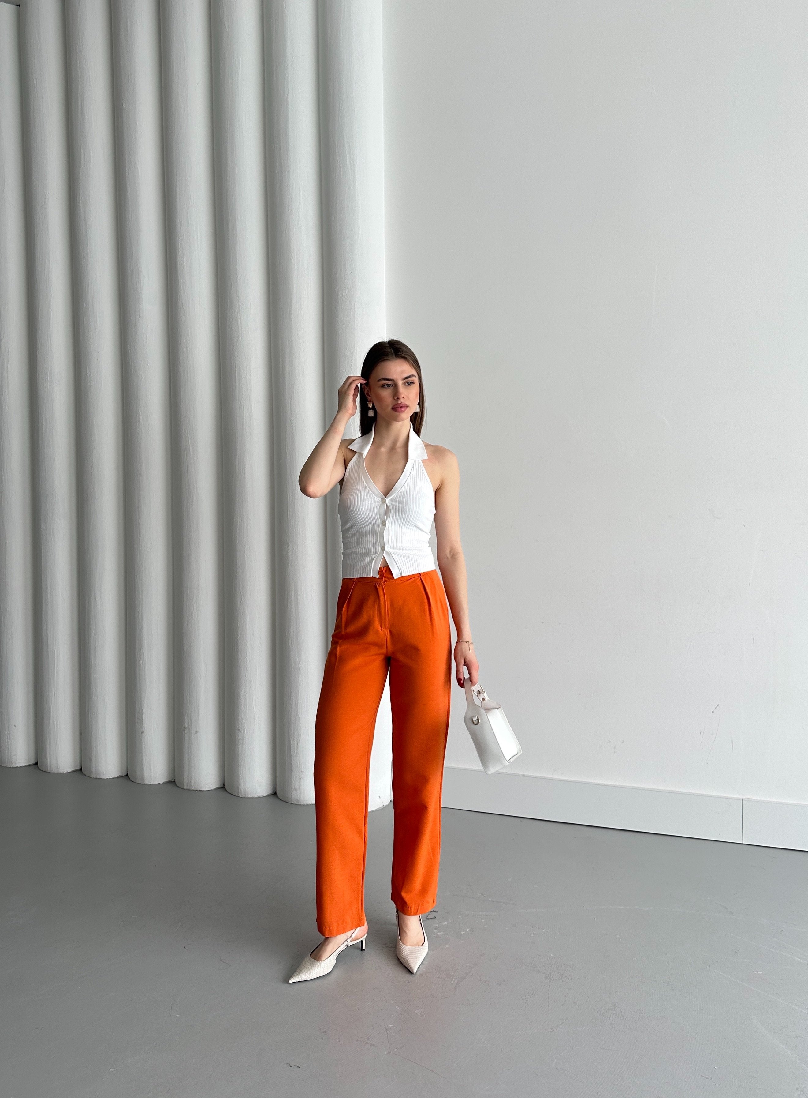 FERMUARLI KETEN PANTOLON - Orange