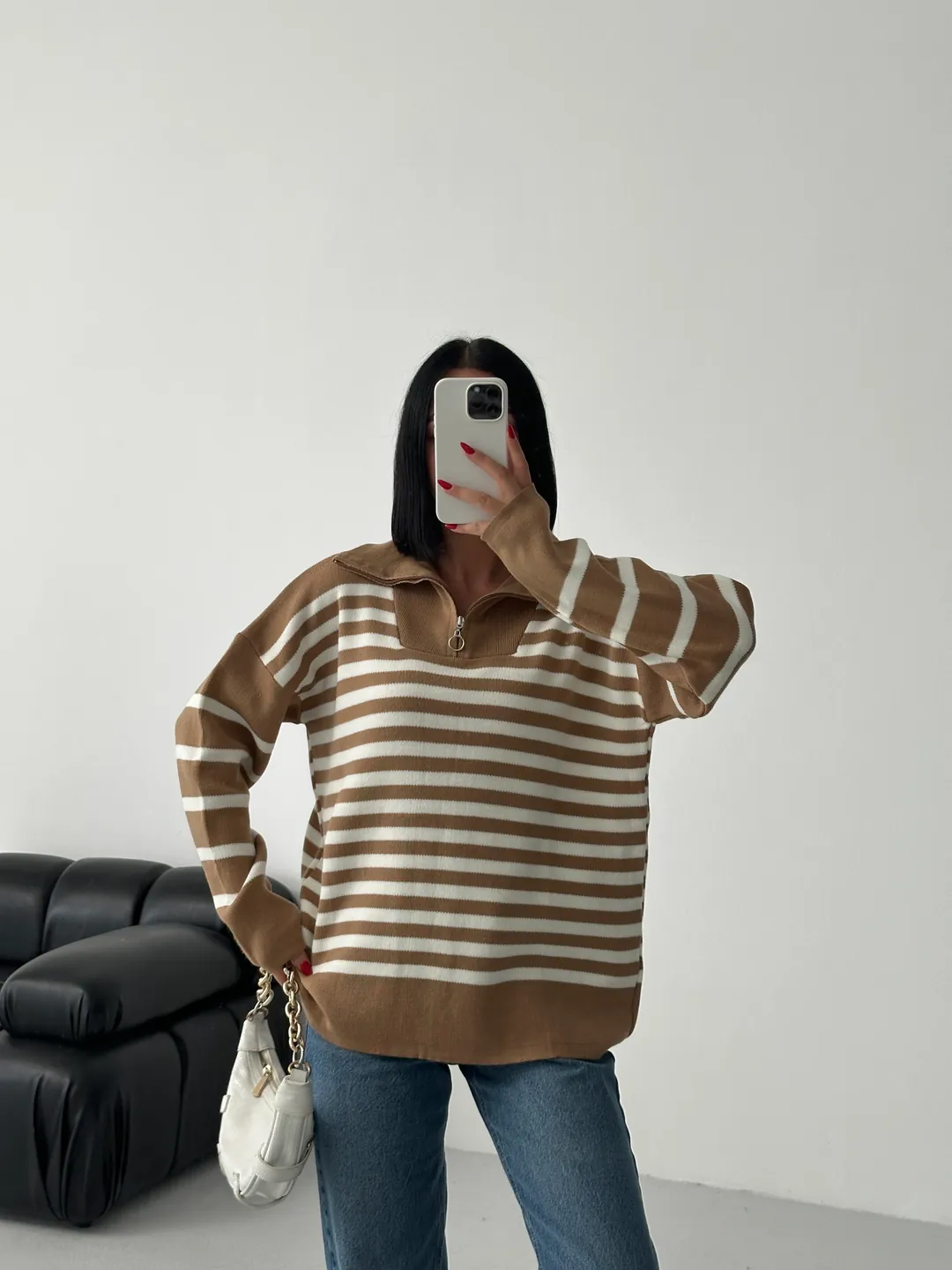 HİLTON YAKALI FERMUARLI KAZAK - Karamel