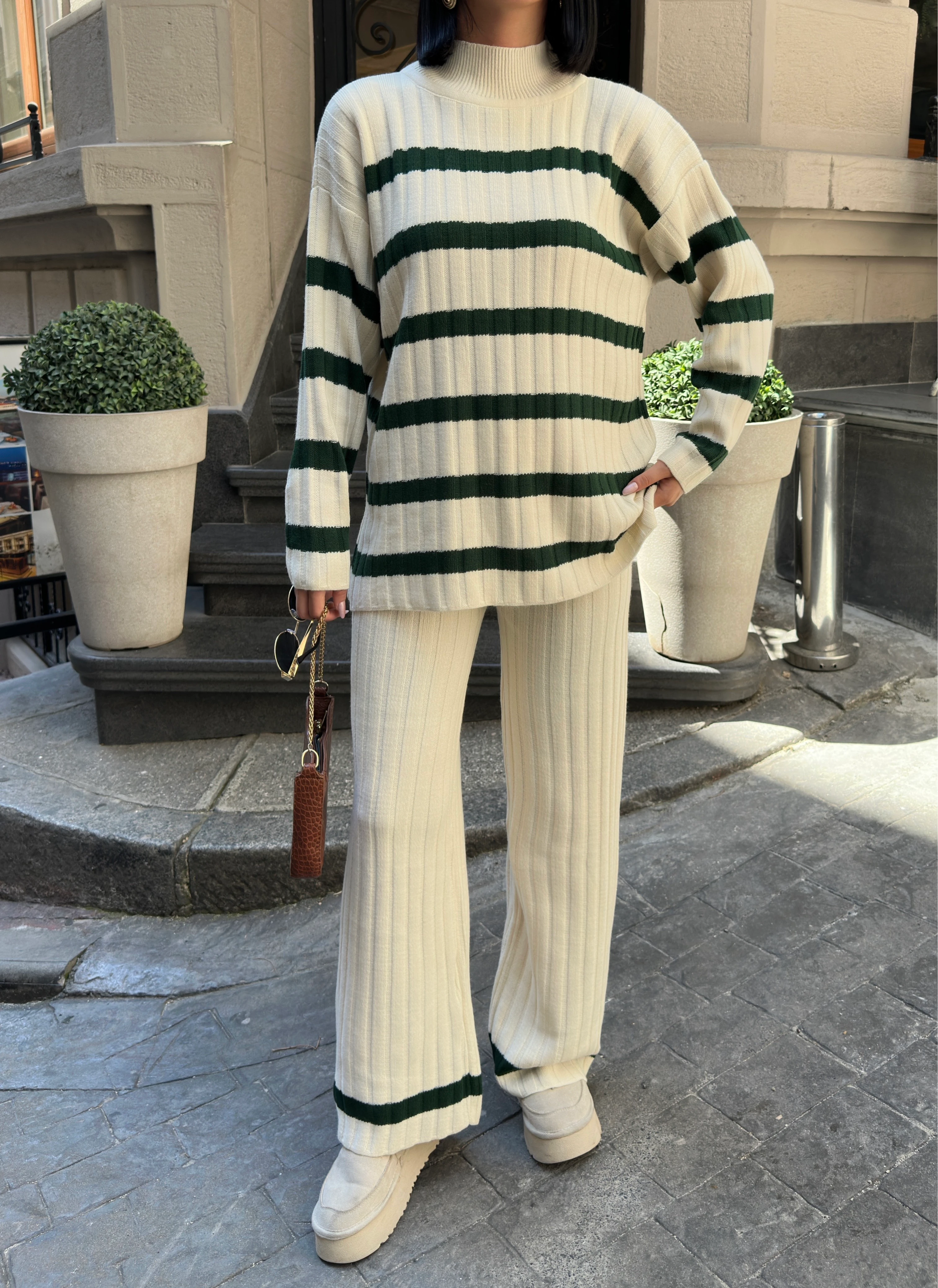 ÇİZGİLİ SADE TAKIM - Zümrüt Yeşili