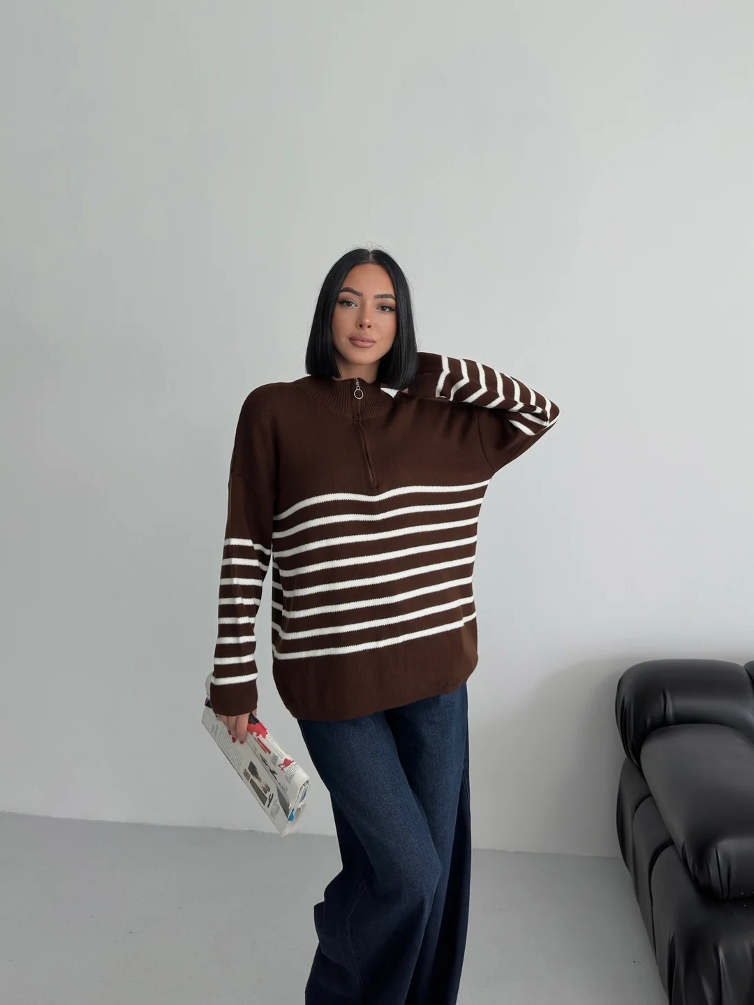 ÇİZGİLİ PİKE FERMUARLI KAZAK - Kahve