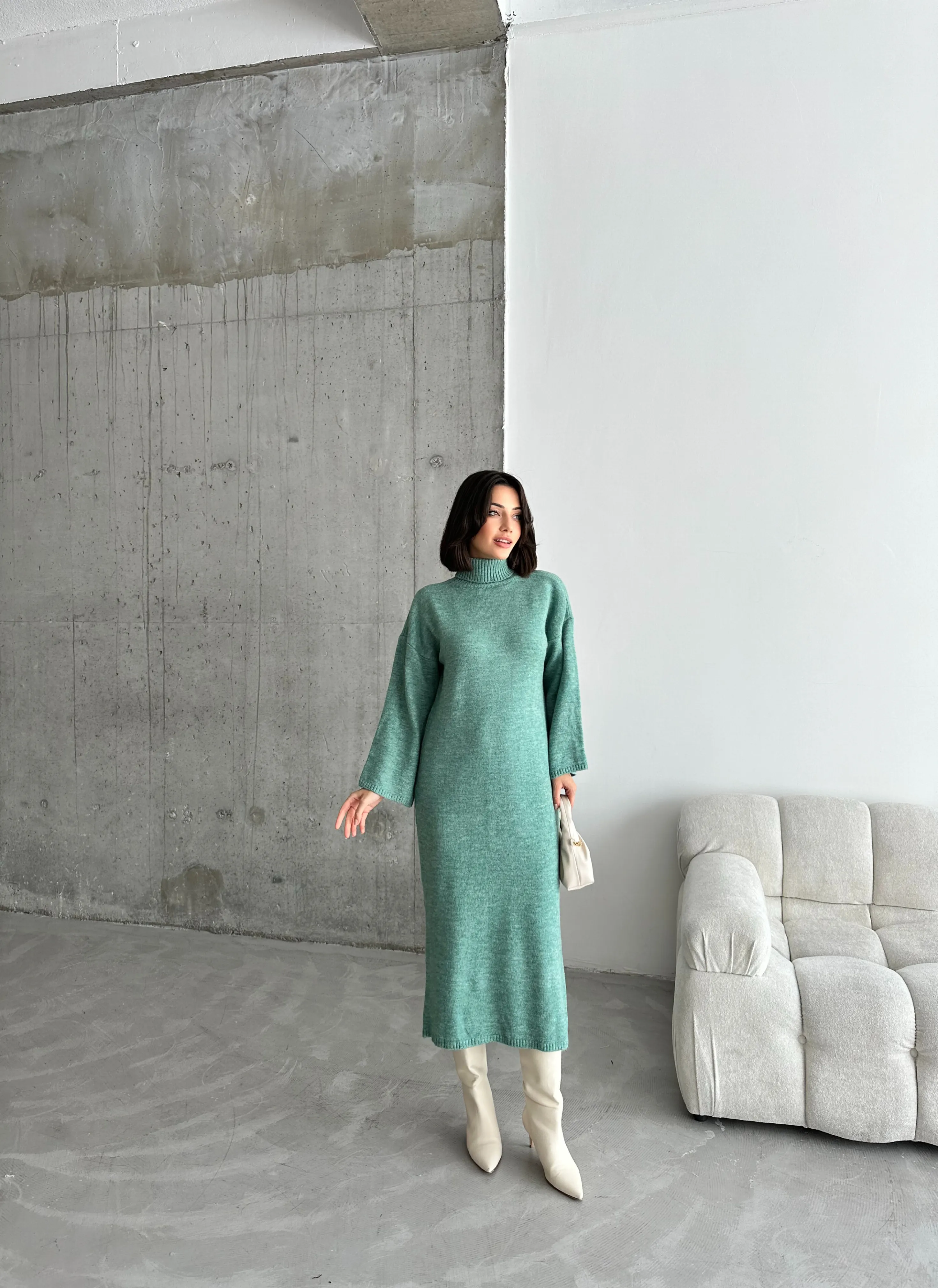 ŞARDONLU BALIKÇI YAKA ELBİSE - Çağla