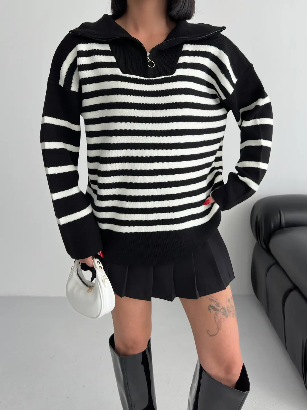 HİLTON YAKALI FERMUARLI KAZAK - Siyah