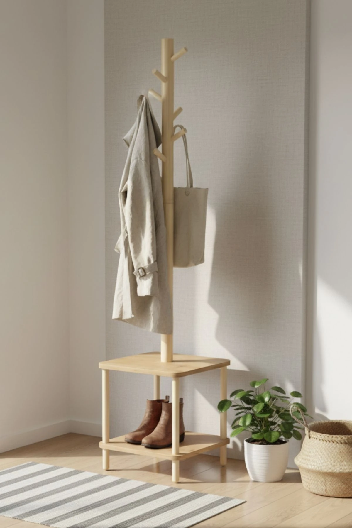 Portmanto Komodinli Ayakkabılık Vestiyer 8 Askılı Naturel Ağaç Antre Ev Ofis 170x60x35 Cm