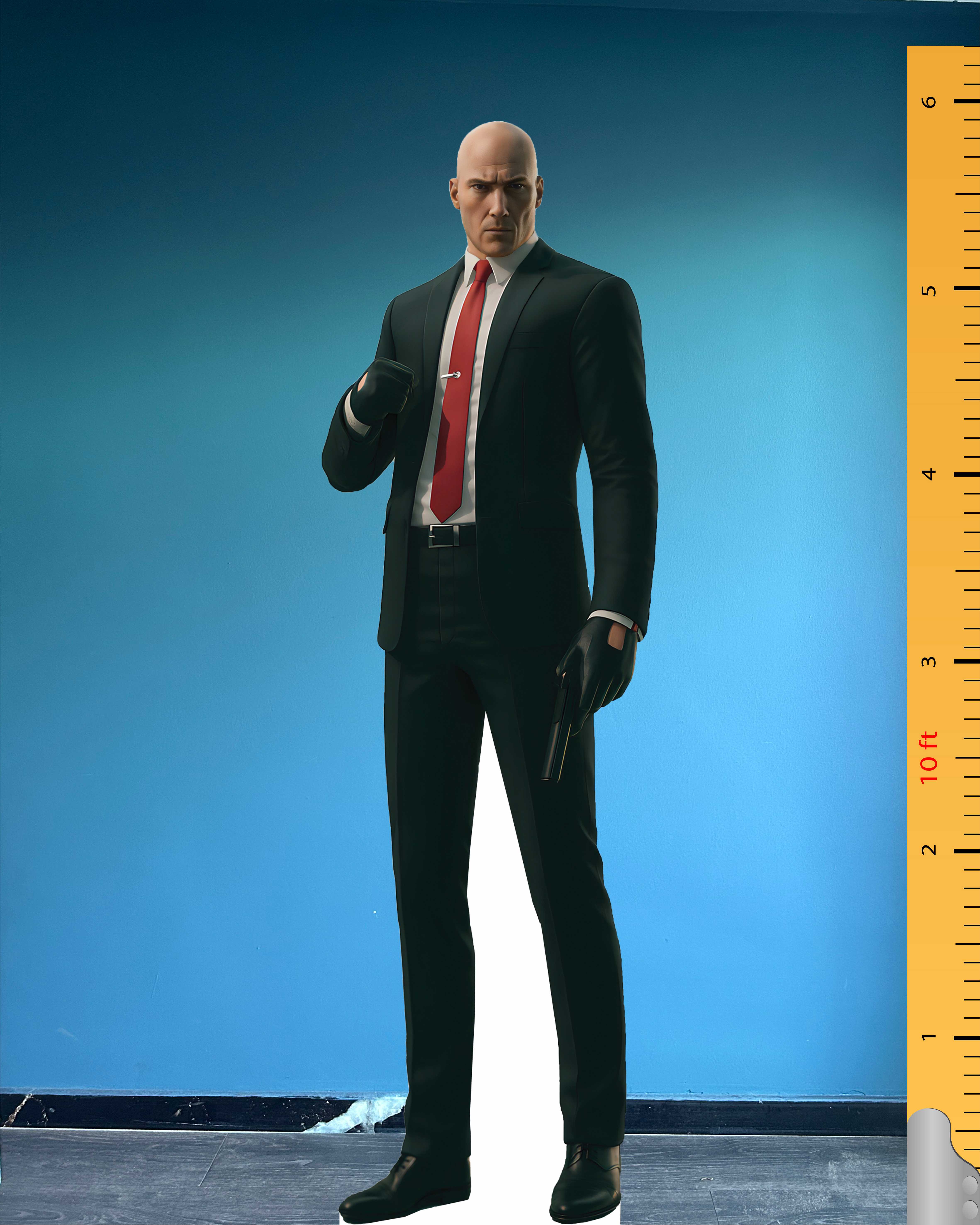 Hitman-Pappfigur, fiktive Figur, aus Kunststoff.  · Ständer: Kompakt und platzsparend. · Material: Aus strapazierfähigem und flexiblem Kunststoff, 1,75 m hoch. · Freistehend: Kann ohne zusätzliche Stütze aufrecht stehen.
