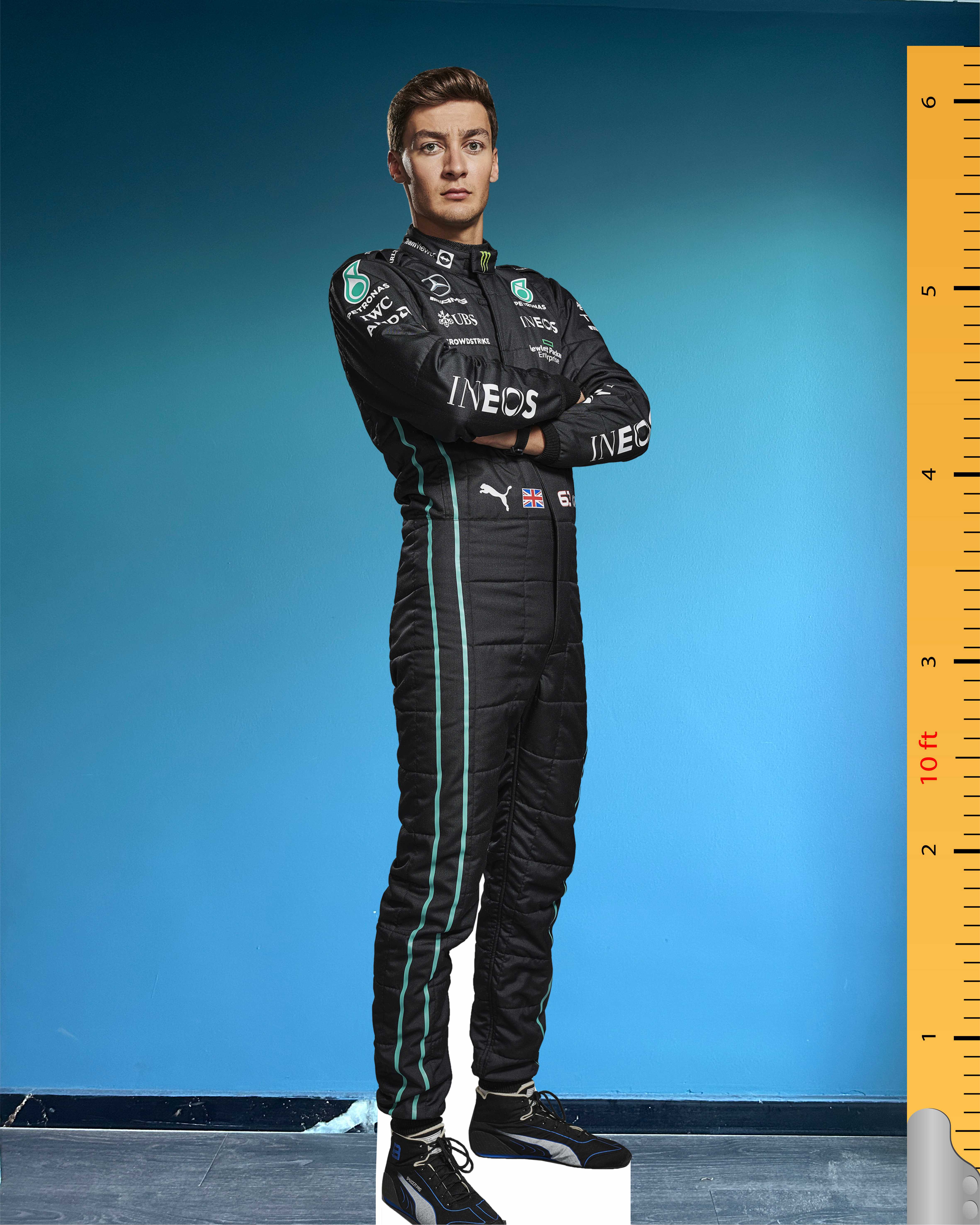 Figura de piloto de carreras de Fórmula 1 de George Russell, modelo de cartón recortado