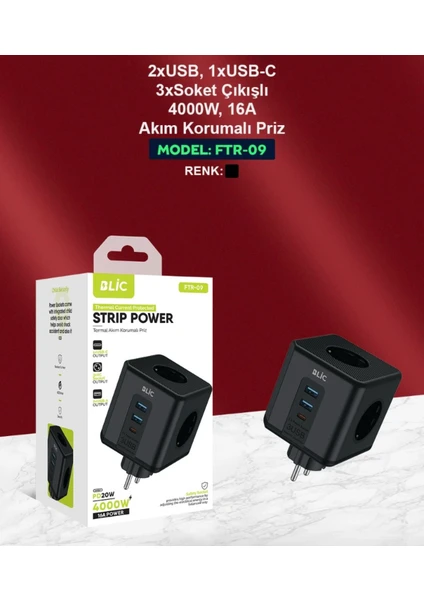 Blic Rose Teknoloji 2 USB / 1 Type-C / 3 Priz Çıkışlı Çocuk Koruma 4000W 16A Pd 20W Termal Akım Korumalı Duvar Tipi Küp Priz