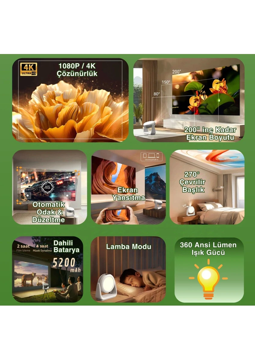 Apollon P1 Taşınabilir Powerbankli 4K Destekli 1080P Android Sistemli Sinema Projeksiyon Cihazı