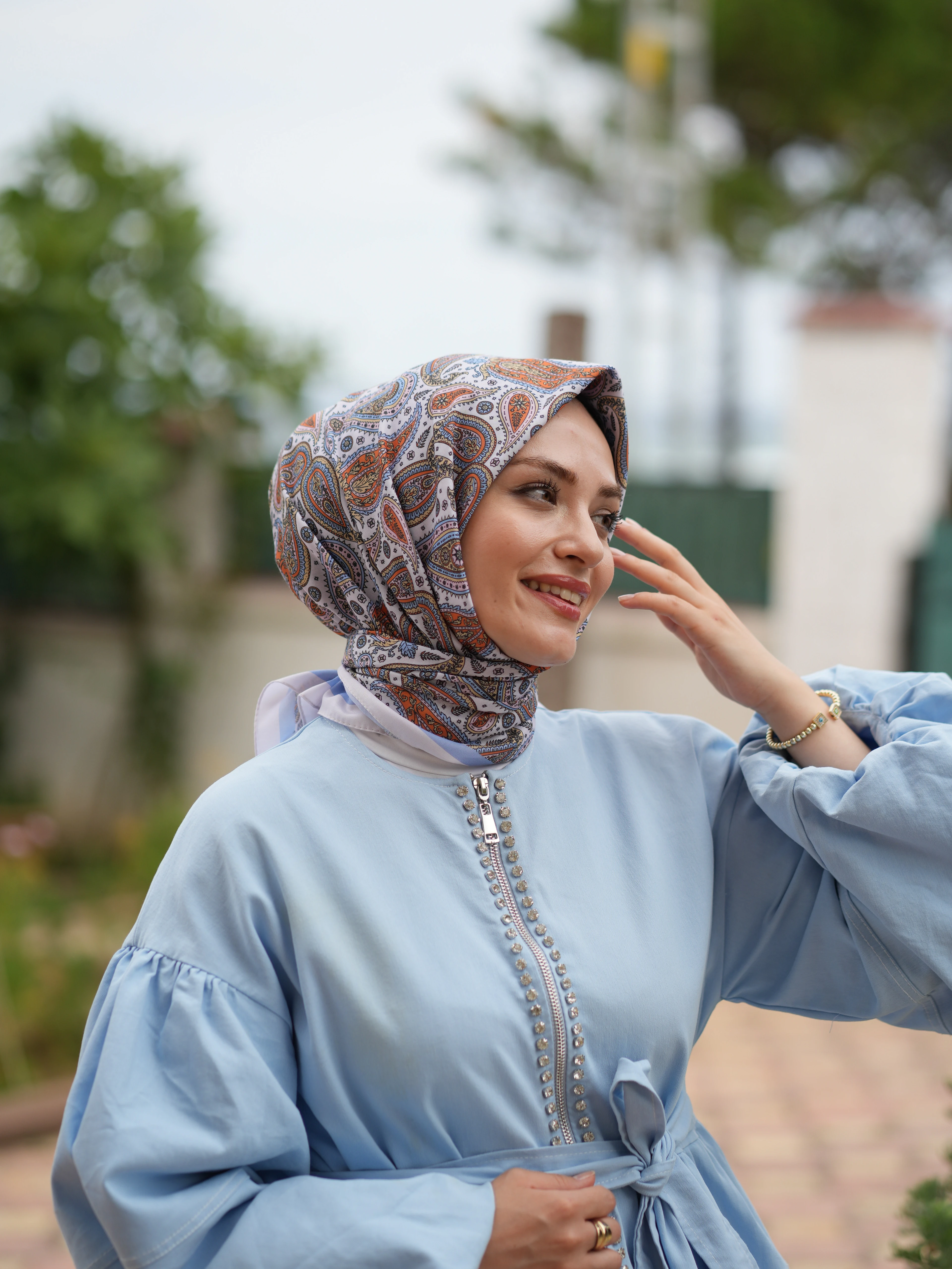 GENİŞ ETNİK DESEN EŞARP - PUDRA MAVİ image