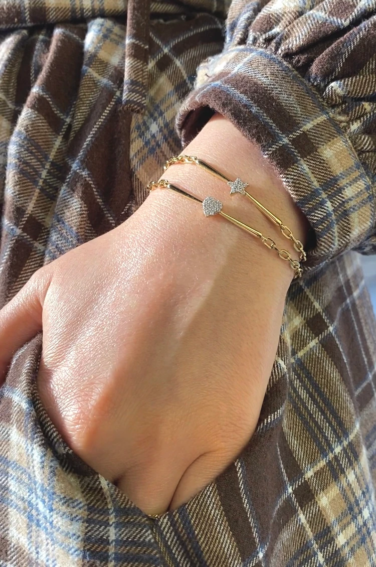 14 Ayar Altın Taşlı Yıldız Kalp Bileklik