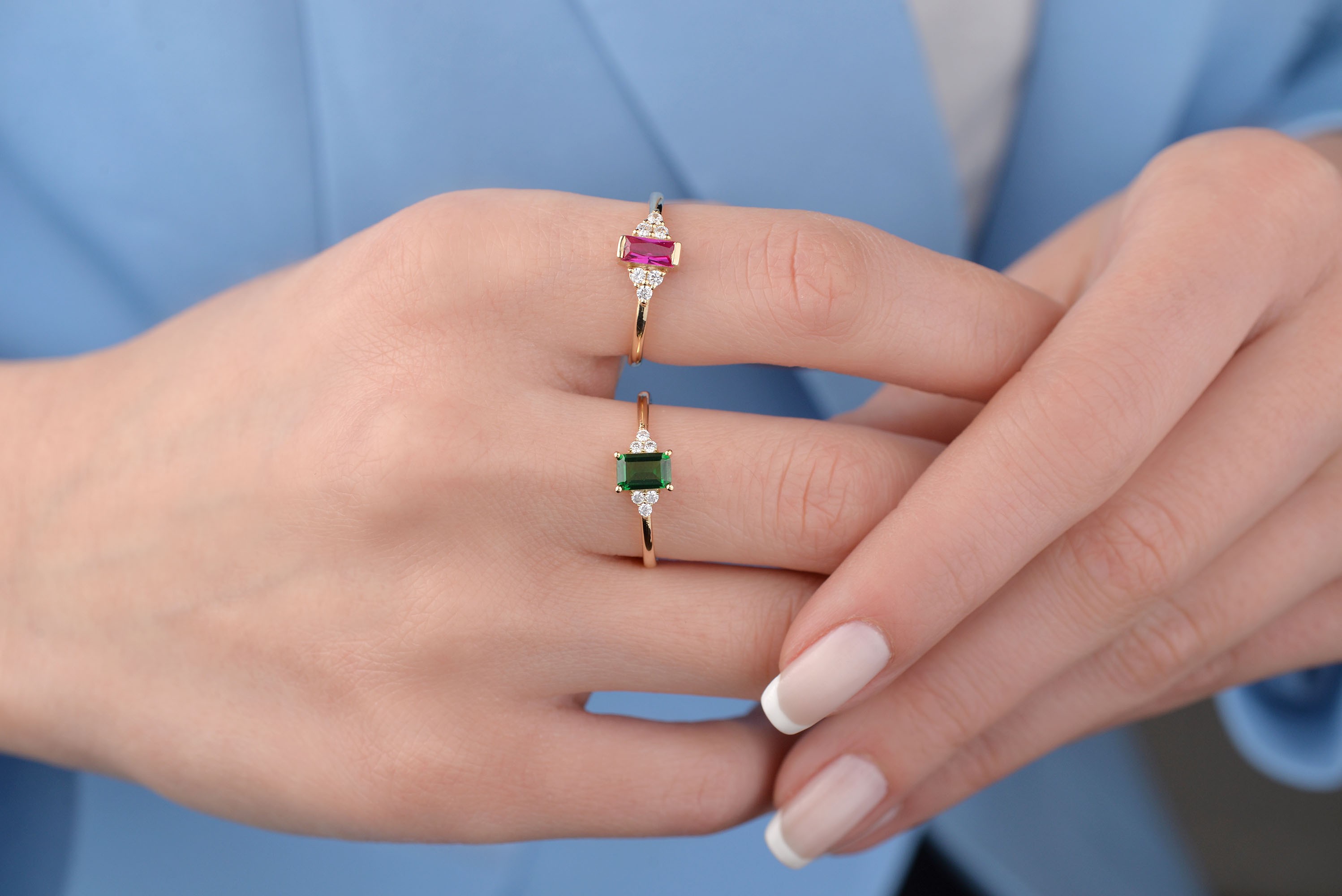 Emerald Cut Kadın 14 Ayar Altın Yüzük, Yeşil Taşlı Zarif Kadın Yüzüğü