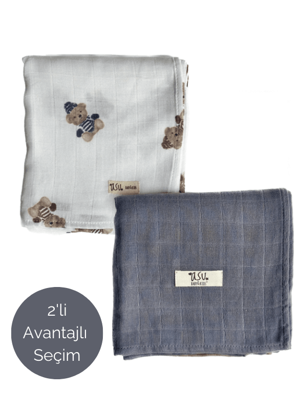 Asu Baby&Kids Mix&Match 2'li Organik Pamuk Müslin Vintage Ayı&Navy Blue