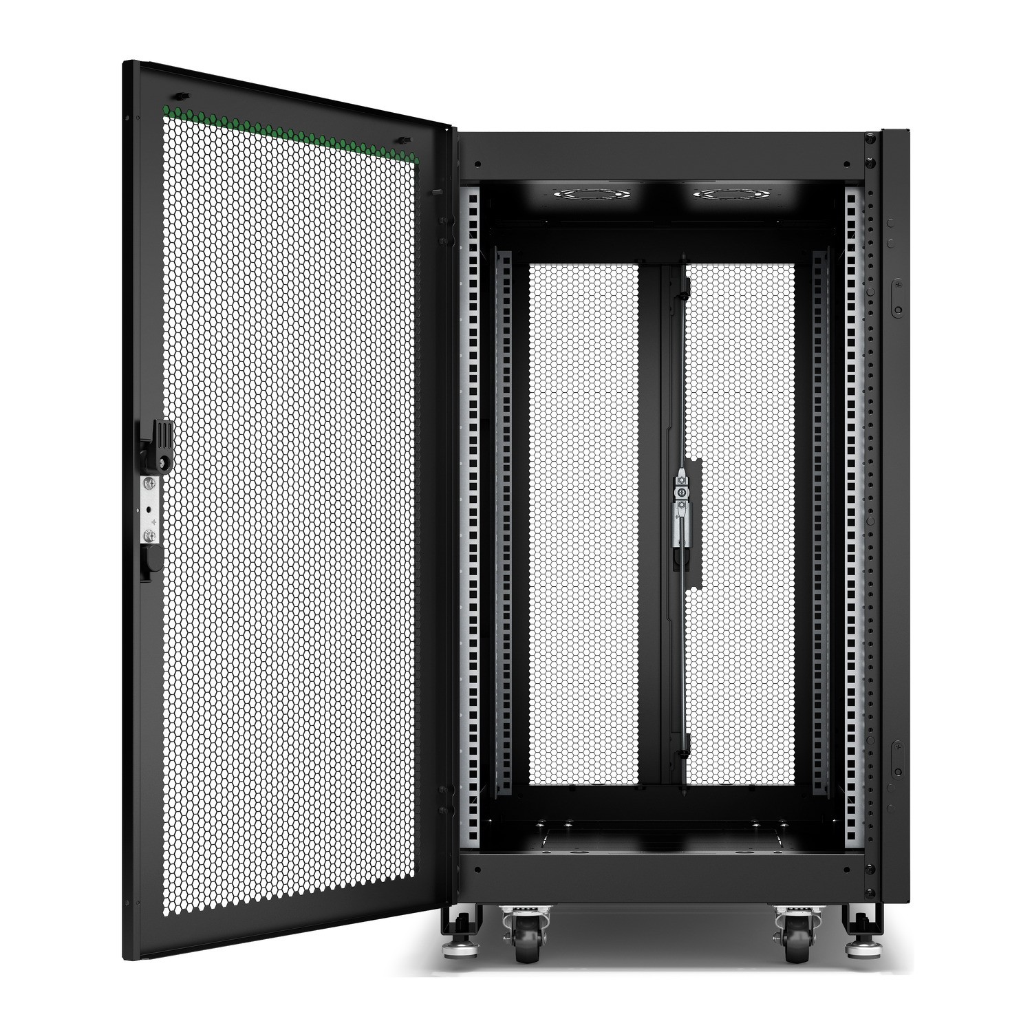 Schneider GO Rack 18U, Siyah, Delikli kapaklı, Tavan, Tekerlekler, 4 Braket, Yan Panel ve Alt, 1035H x 600W x 1000D mm