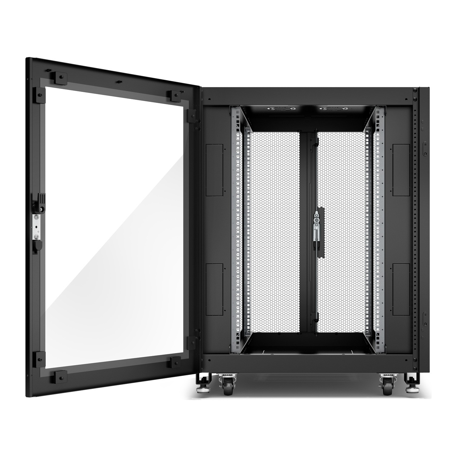 Schneider GO Rack 18U, Siyah, Cam kapılı, Tavanlı, Tekerlekli, 4 Braketli, Yan Panel ve Alt, 1035H x 800W x 1000D mm