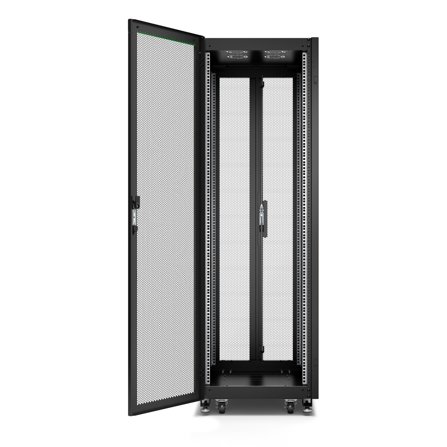 Schneider GO Rack 36U, Siyah, Delikli kapaklı, Tavan, Tekerlekler, 4 Braket, Yan Panel ve Alt, 1835H x 600W x 1000D mm