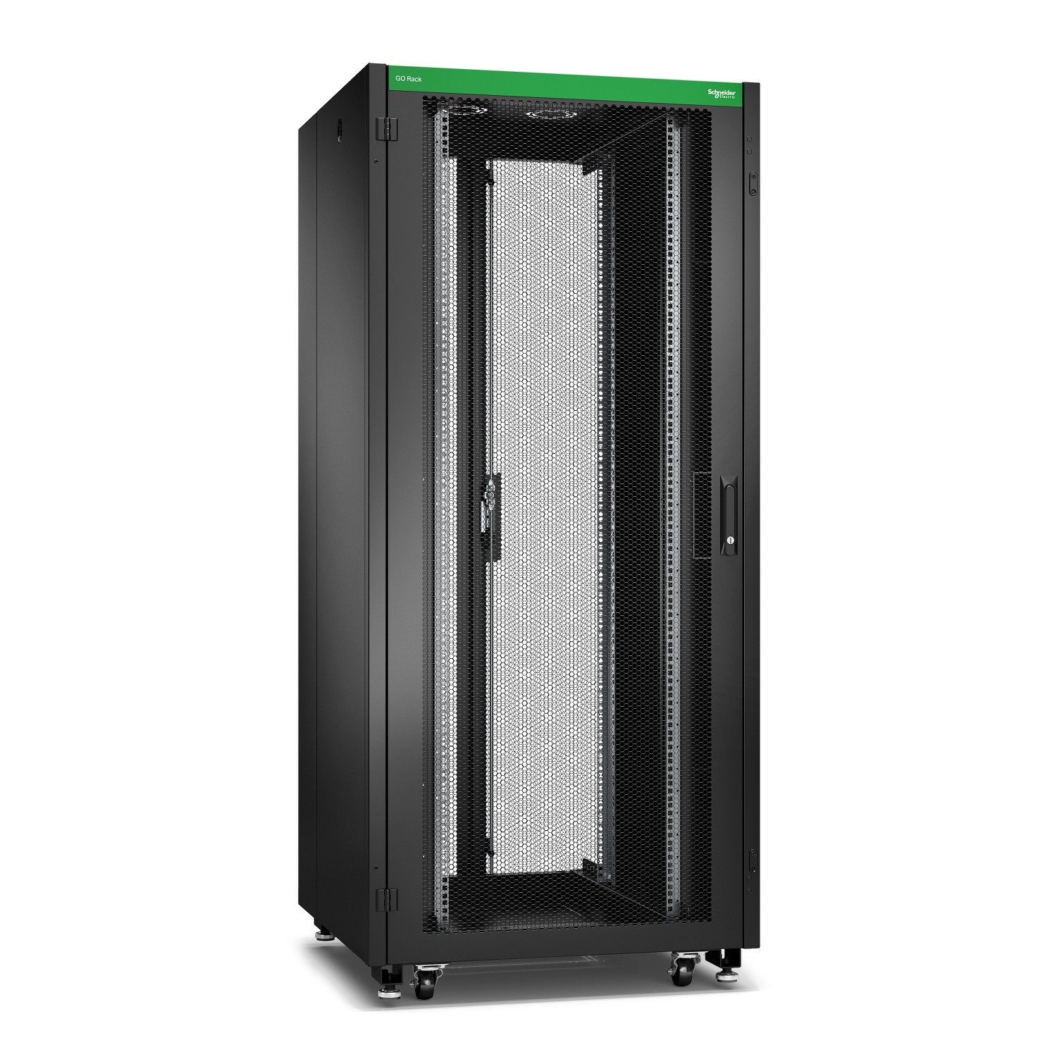 Schneider GO Rack 36U, Siyah, Delikli kapaklı, Tavan, Tekerlekler, 4 Braket, Yan Panel ve Alt, 1835H x 800W x 800D mm