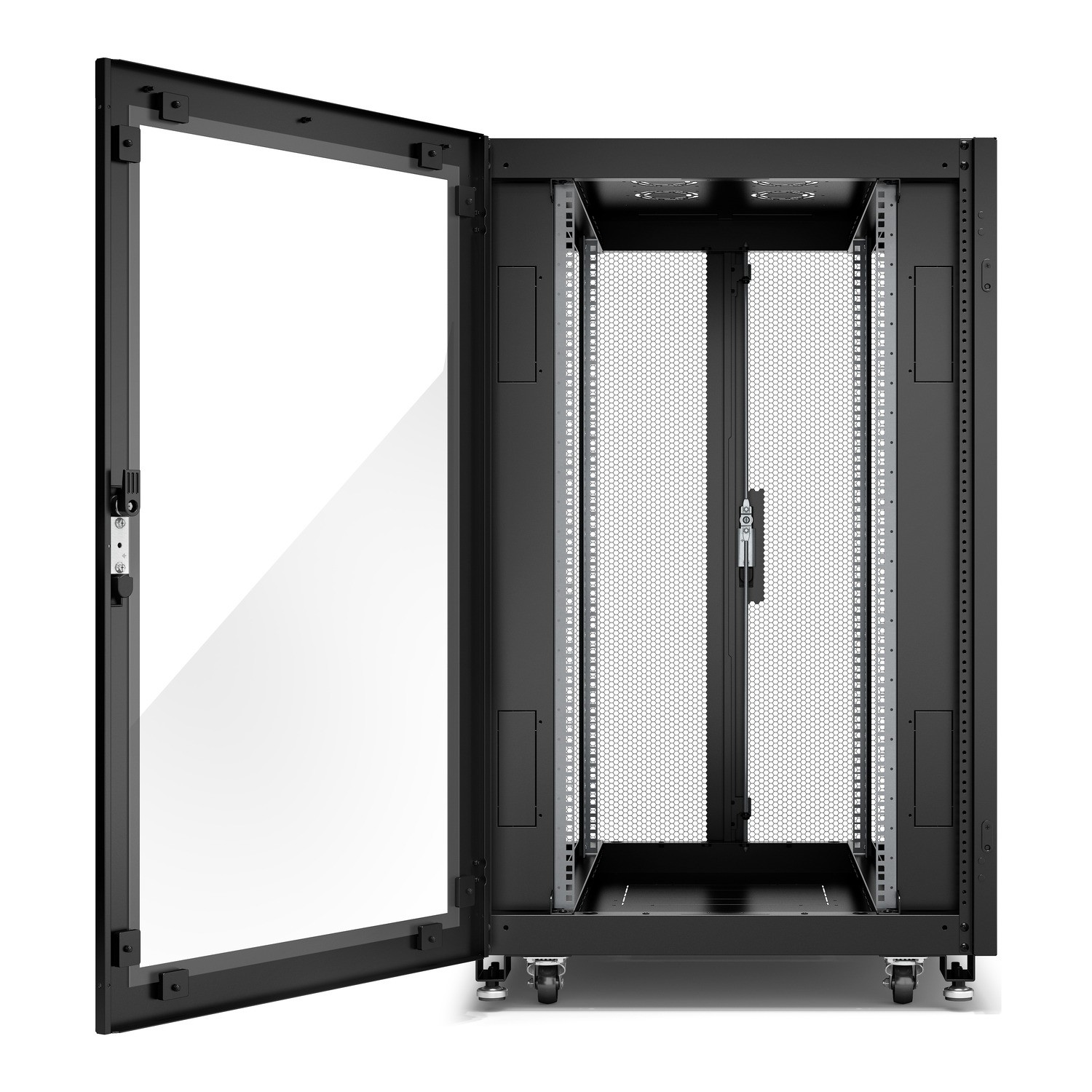 Schneider GO Rack 24U, Siyah, Cam kapılı, Tavanlı, Tekerlekli, 4 Braketli, Yan Panel ve Alt, 1300Y x 800G x 800D mm
