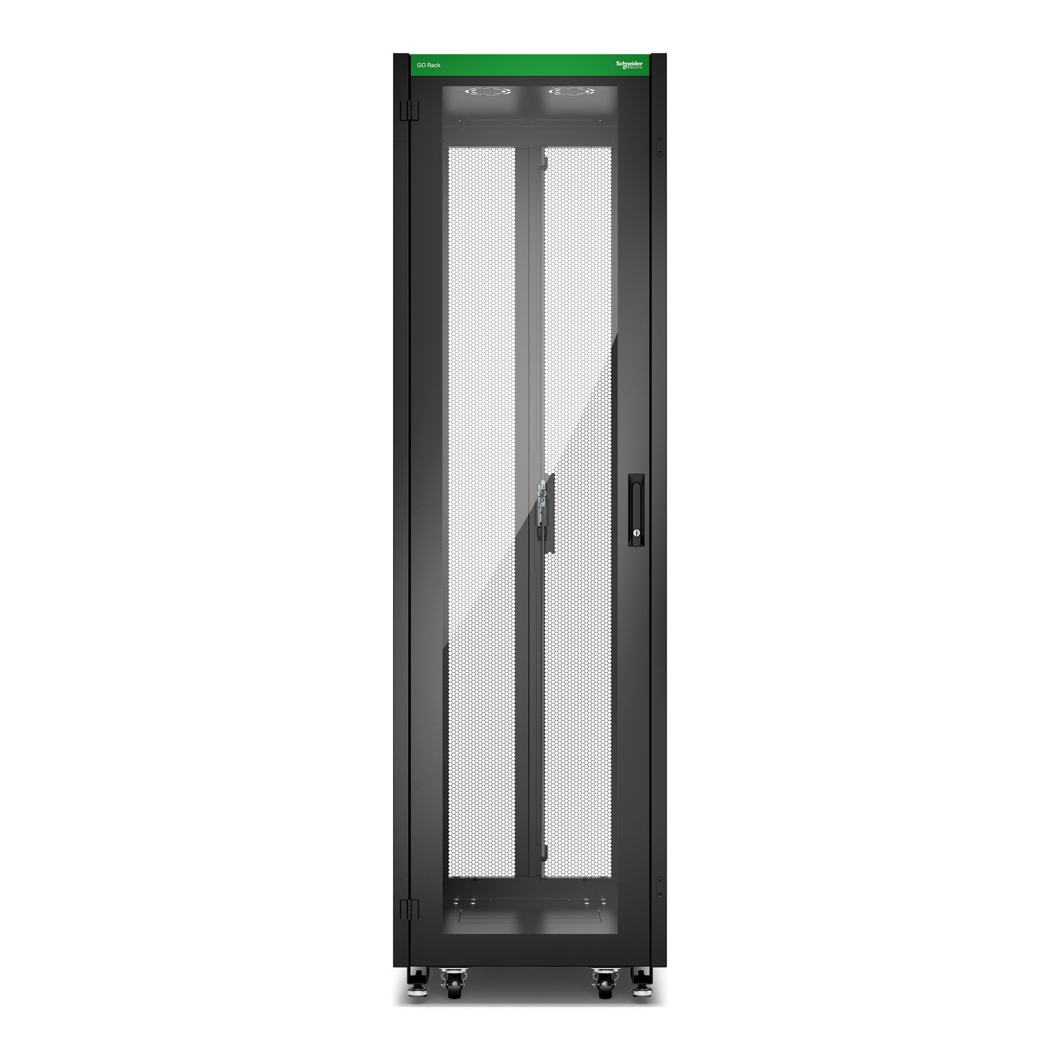 Schneider GO Rack 42U Siyah Cam Kapılı Tavan Tekerlekler 4 Braket Yan Panel ve Alt 2100H x 600W x 1000D mm