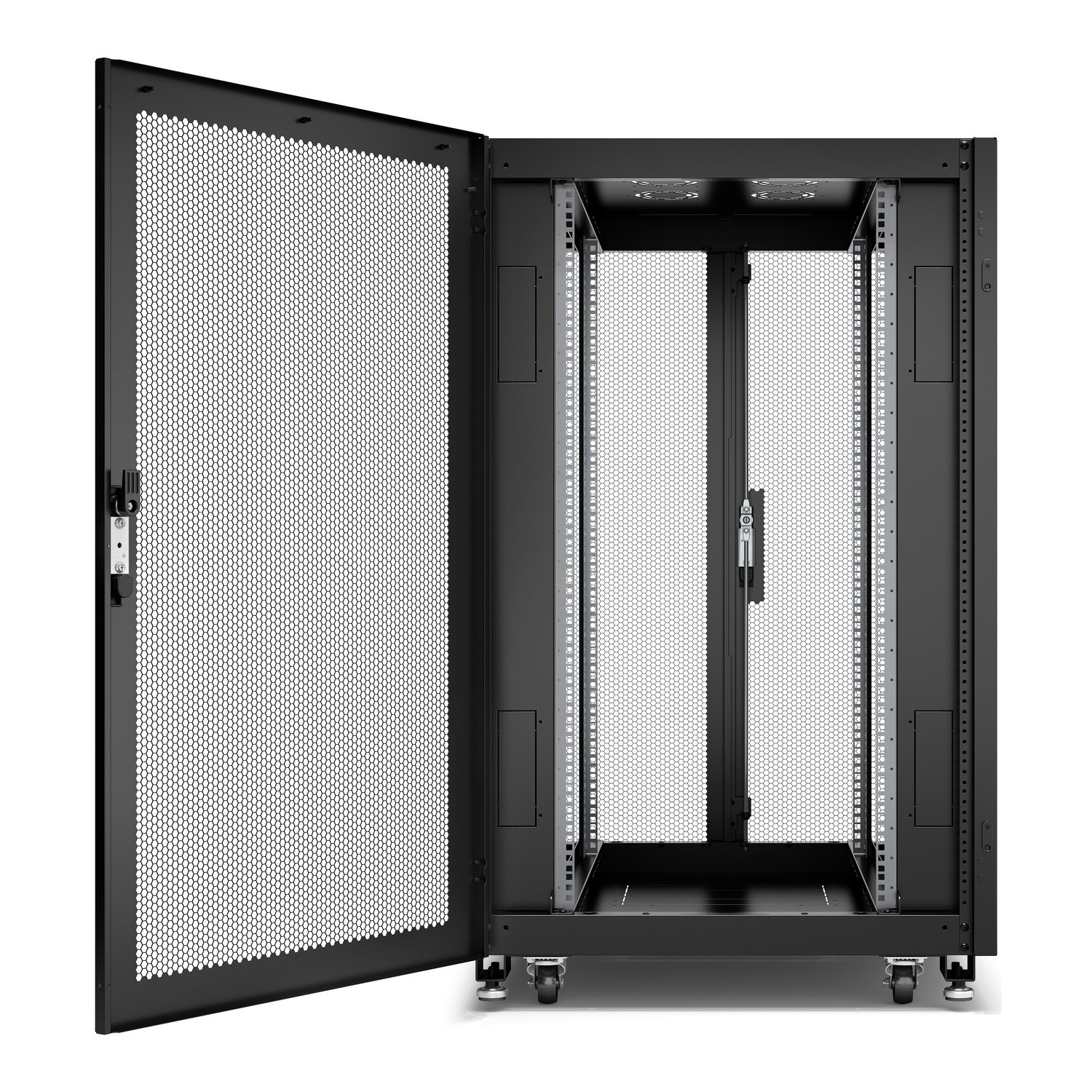 Schneider GO Rack 24U, Siyah, Delikli kapaklı, Tavan, Tekerlekler, 4 Braket, Yan Panel ve Alt, 1300H x 800W x 1000D mm
