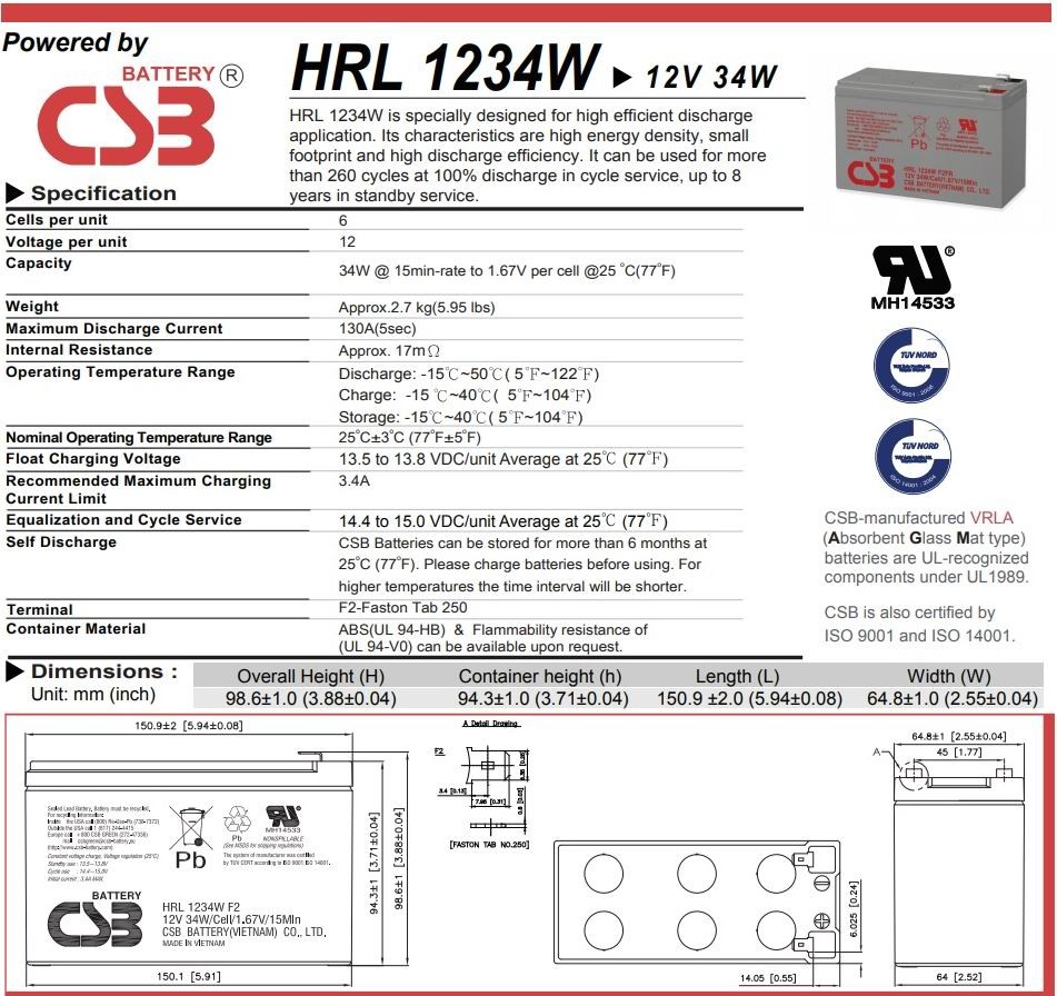 CSB HRL1234WF2FR 12Volt 9Ah Uzun Ömürlü Kuru Tip Akü