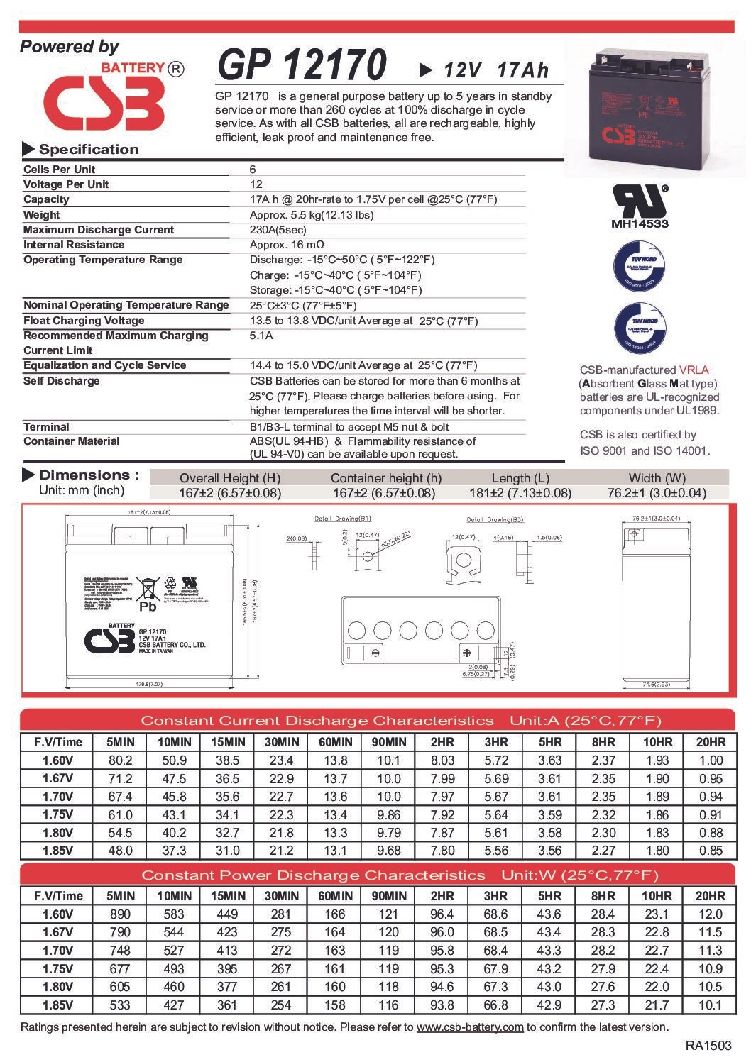 CSB GP12170 12Volt 17Ah Kuru Tip Akü