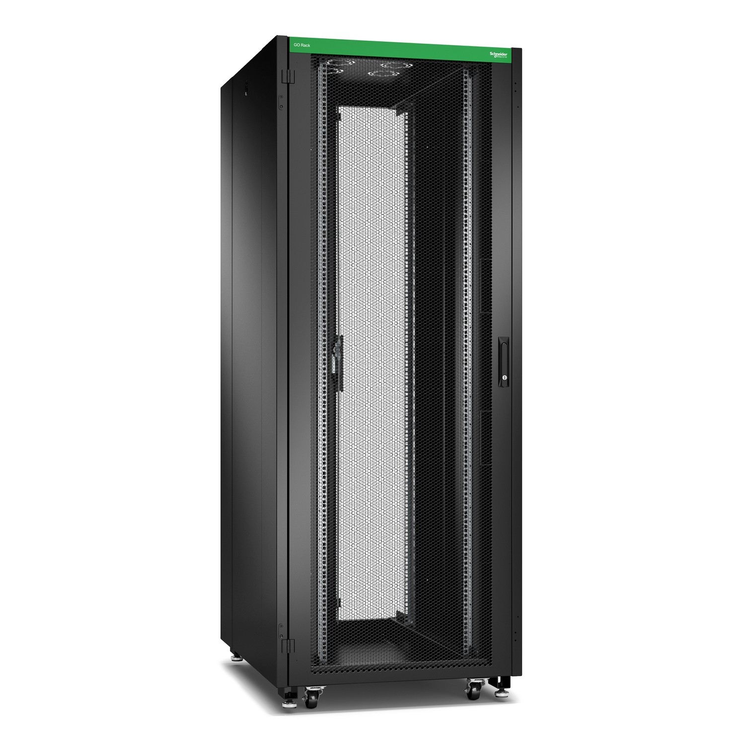 Schneider GO Rack 42U Siyah Delikli kapaklı Tavan Tekerlekler 4 Braket Yan Panel ve Alt 2100H x 800W x 1000D mm