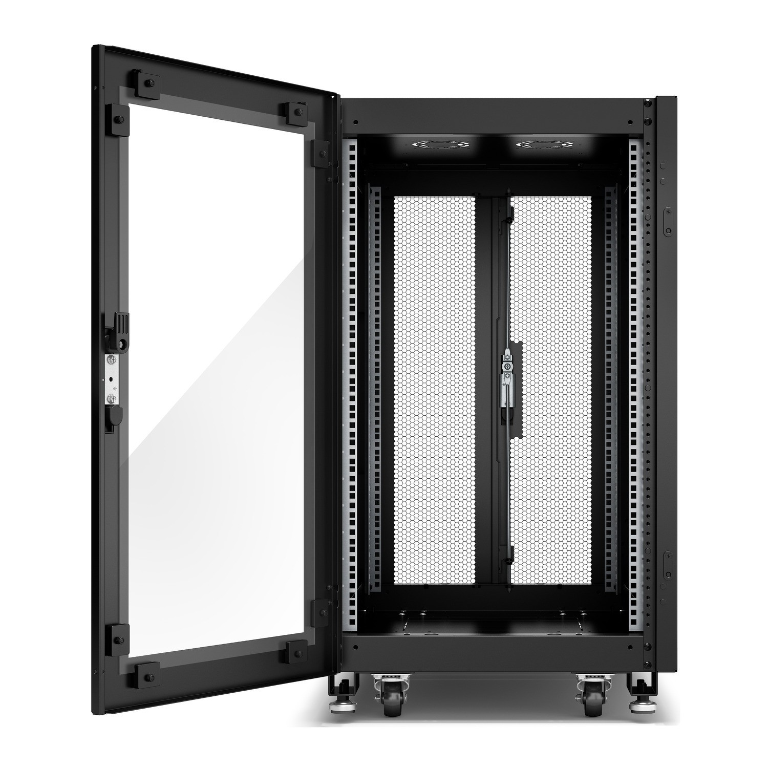 Schneider GO Rack 18U, Siyah, Cam kapılı, Tavanlı, Tekerlekli, 4 Braketli, Yan Panel ve Alt, 1035H x 600W x 800D mm