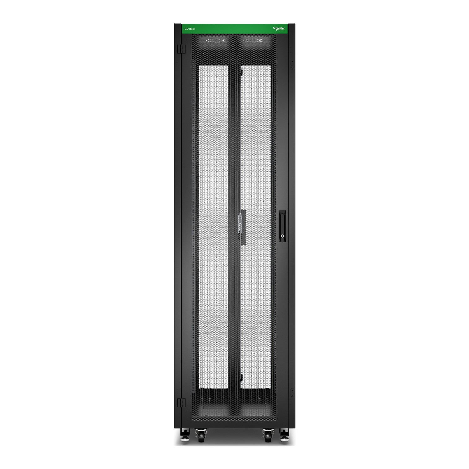 Schneider GO Rack 42U Siyah Delikli kapaklı Tavan Tekerlekler 4 Braket Yan Panel ve Alt 2100H x 600W x 1000D mm